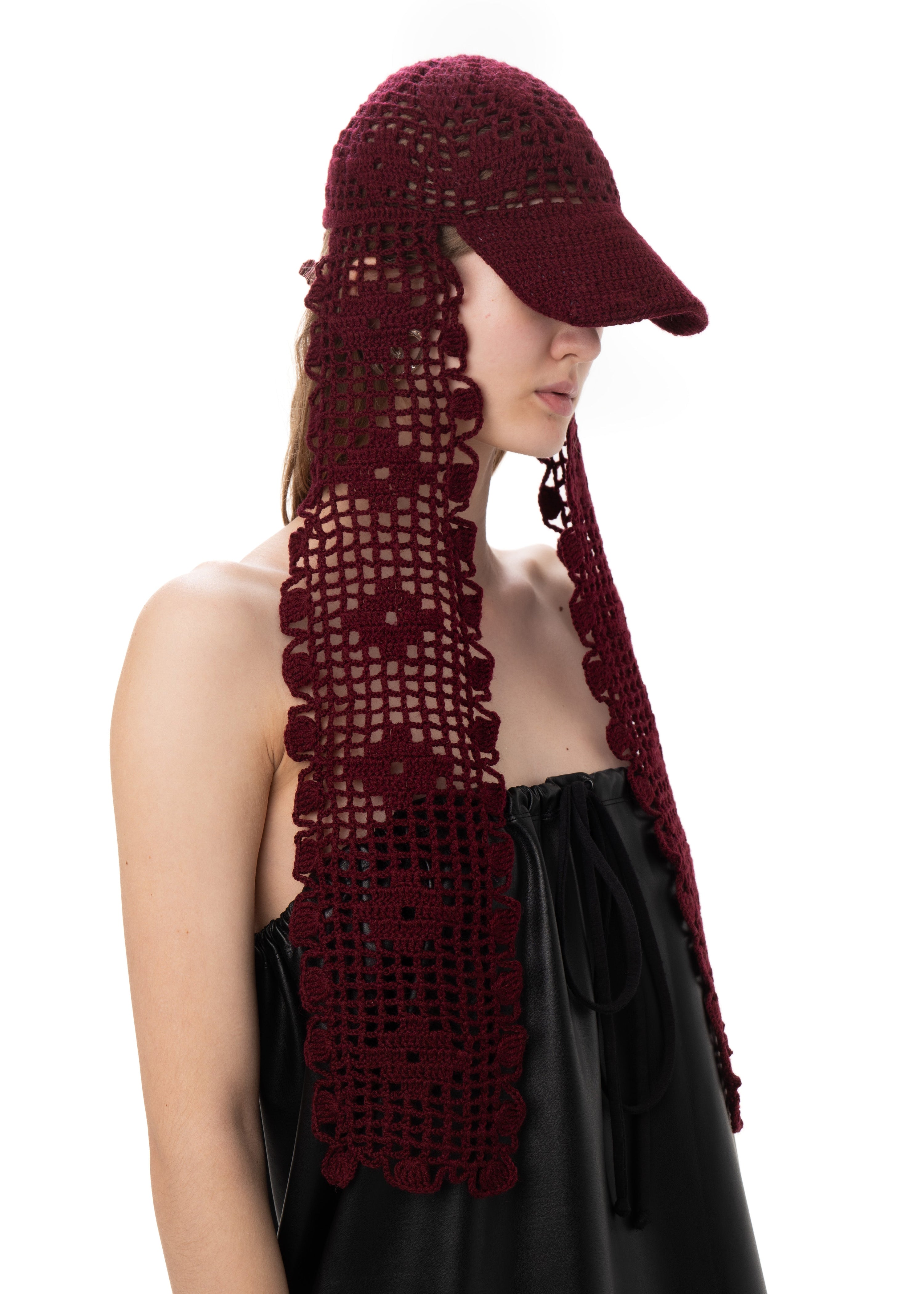 Crochet scarf cap in bordo