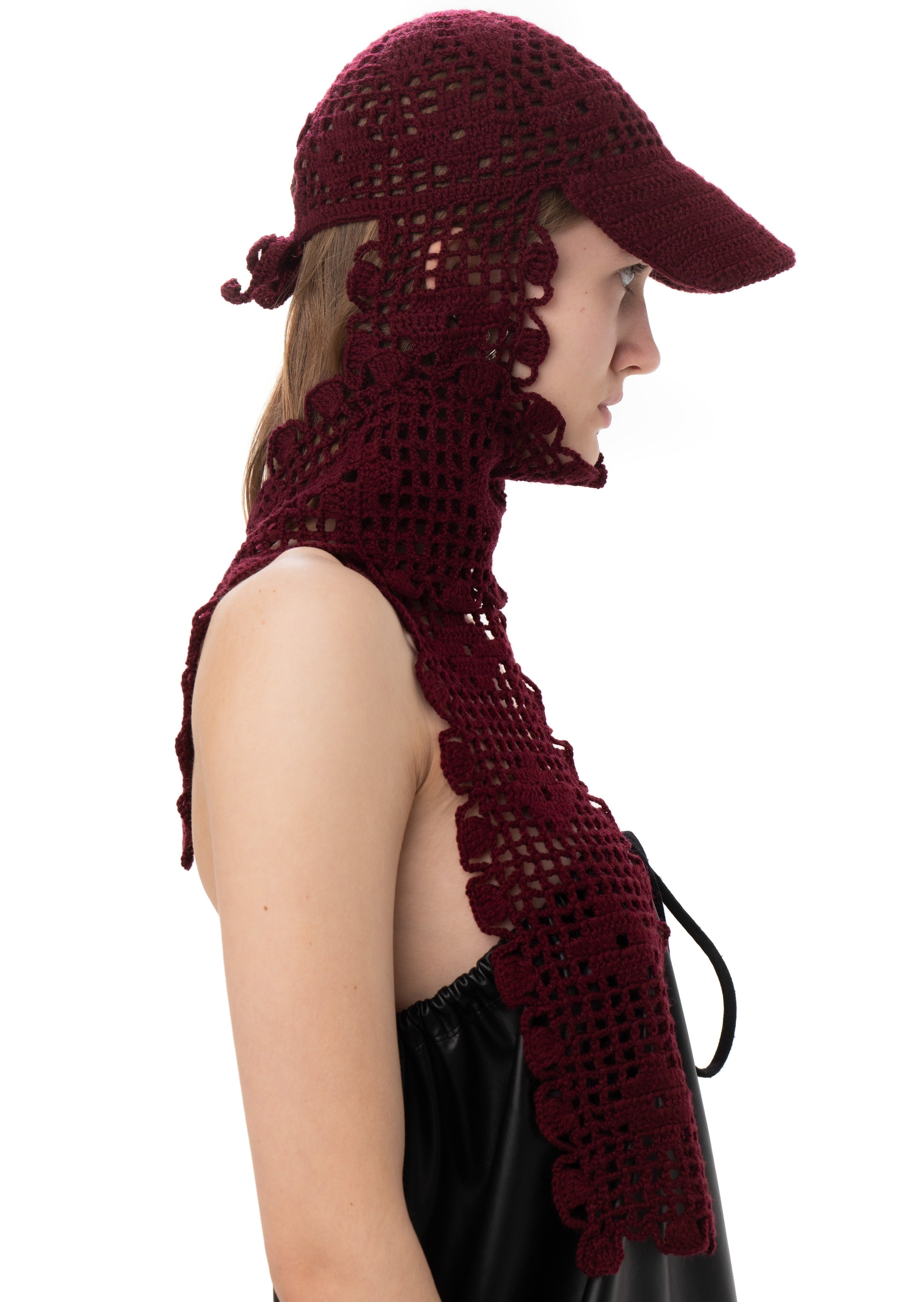 Crochet scarf cap in bordo