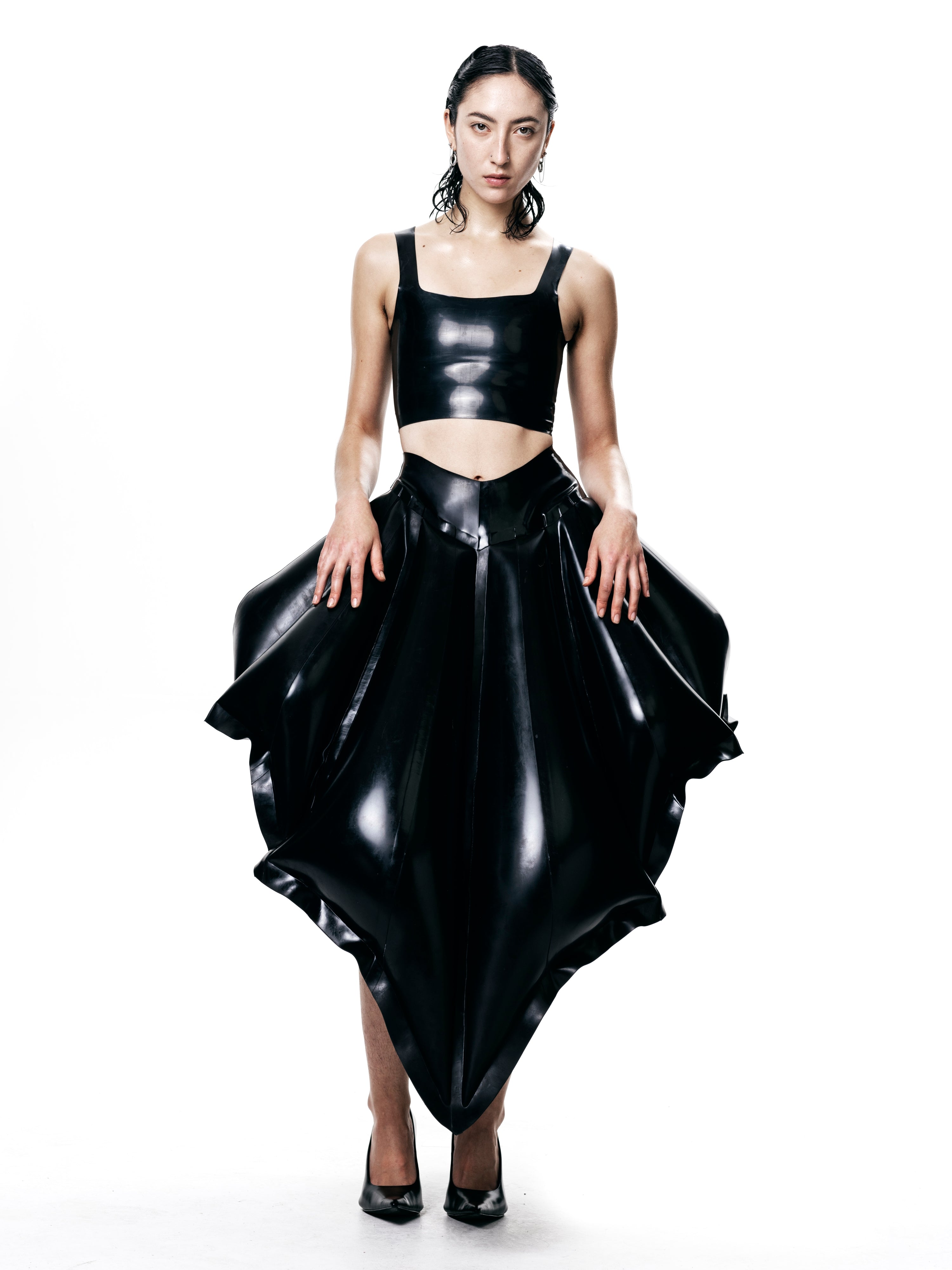 Black v-waisted inflatable midi skirt | shell skirt