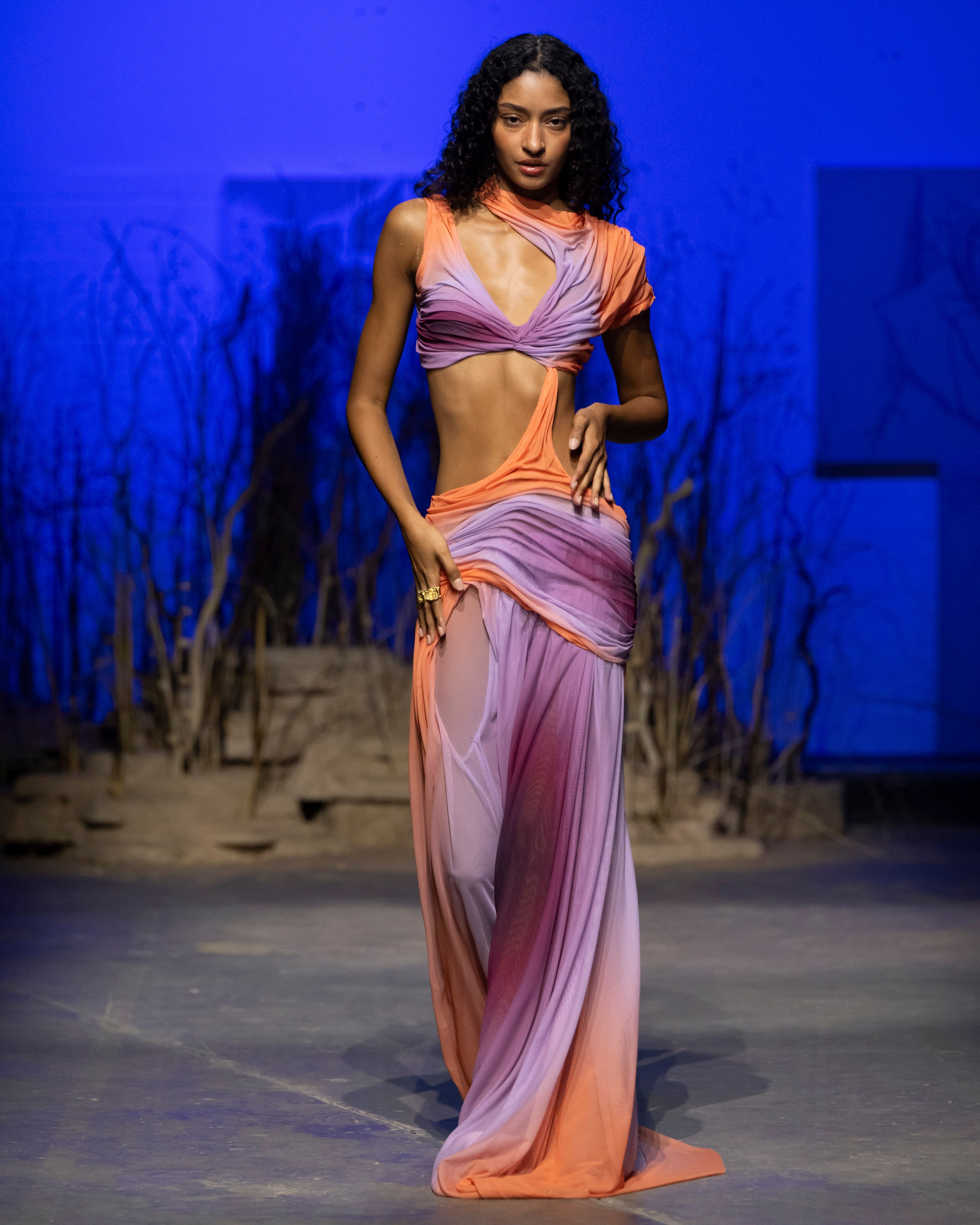 Long wetlook sunset gradient dress