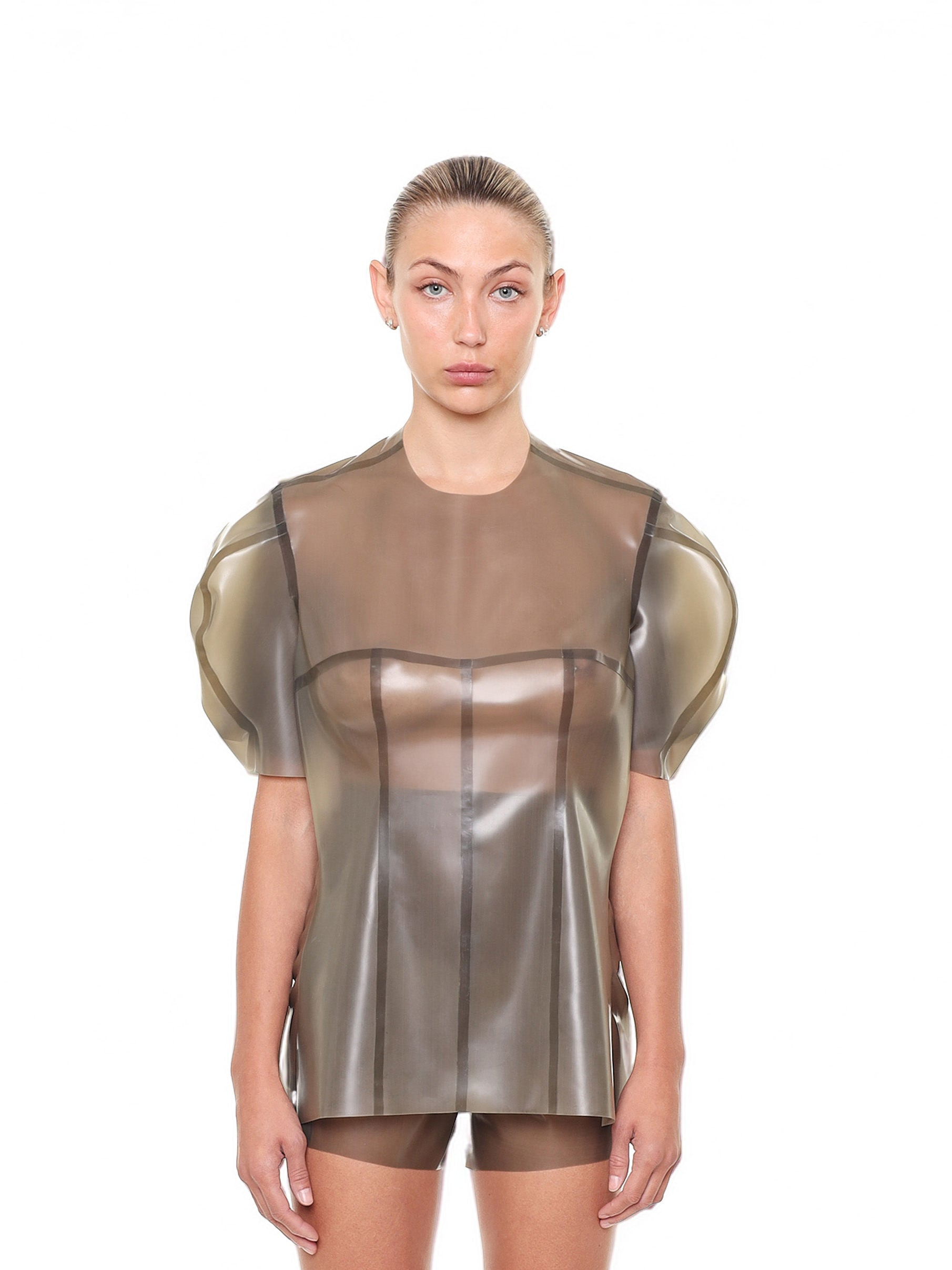 Grey short sleeve structured cape top
