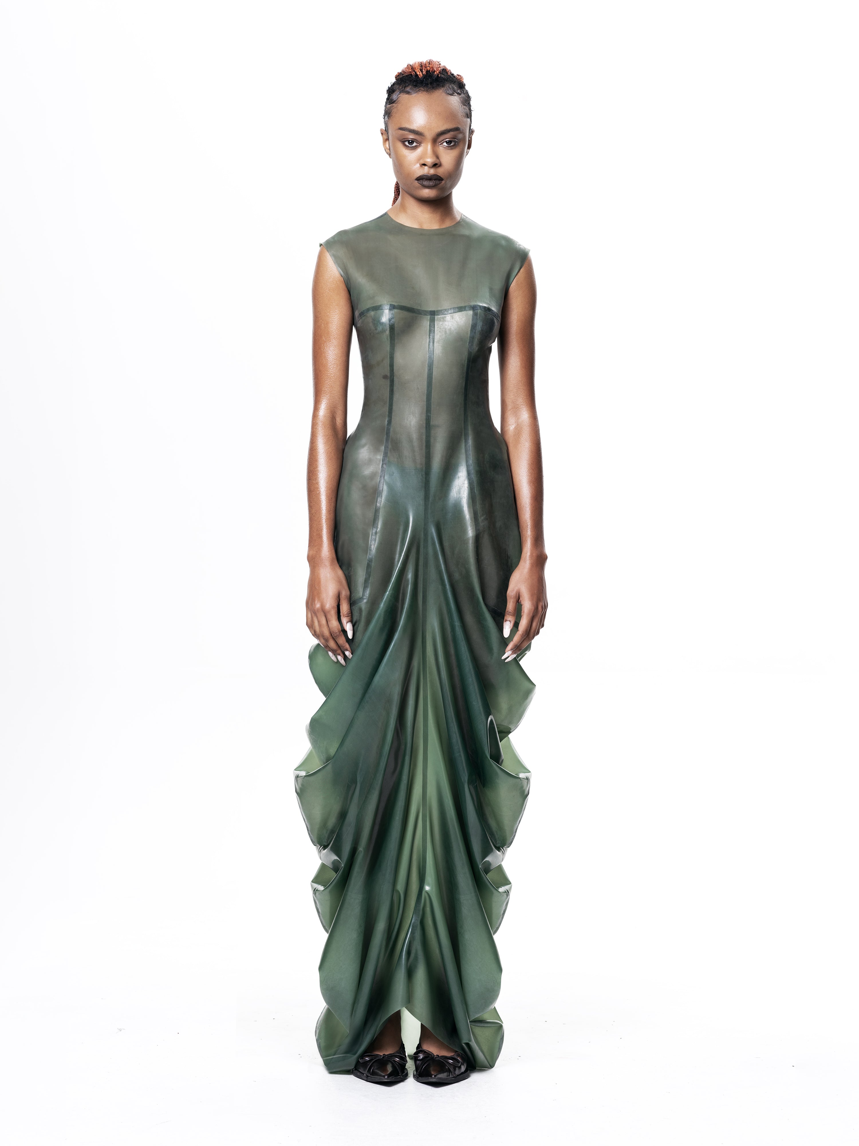 Green high neck draped maxi dress