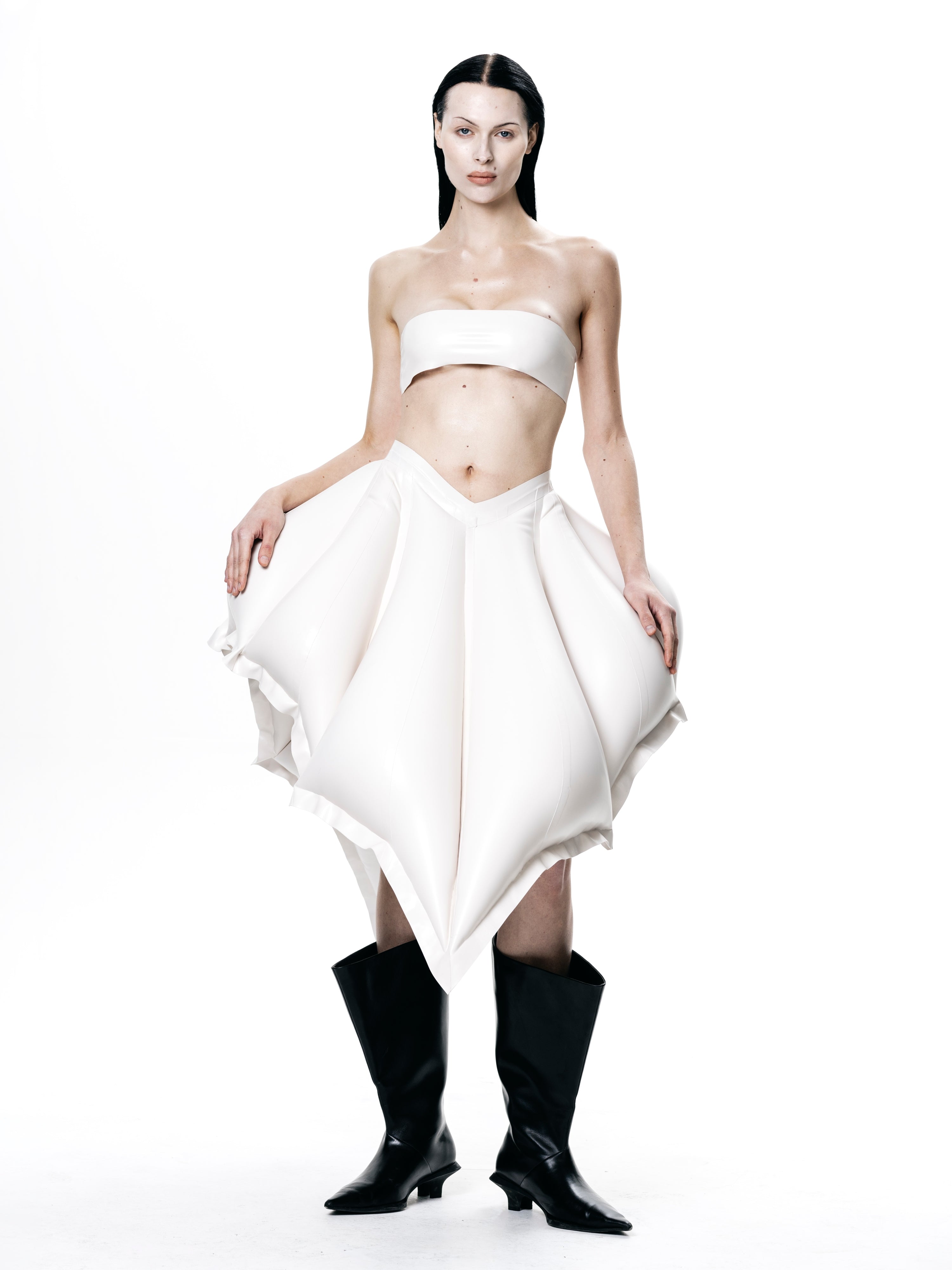 White v-waisted inflatable midi skirt | shell skirt