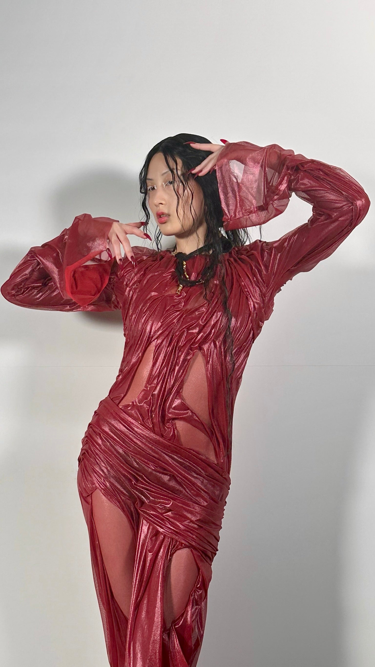 Long sleeve metallic wetlook dress