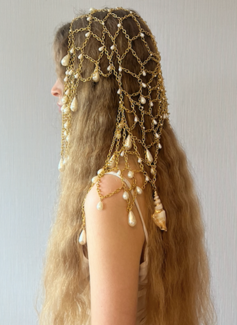 Gold pearl and shells chainmail headdress