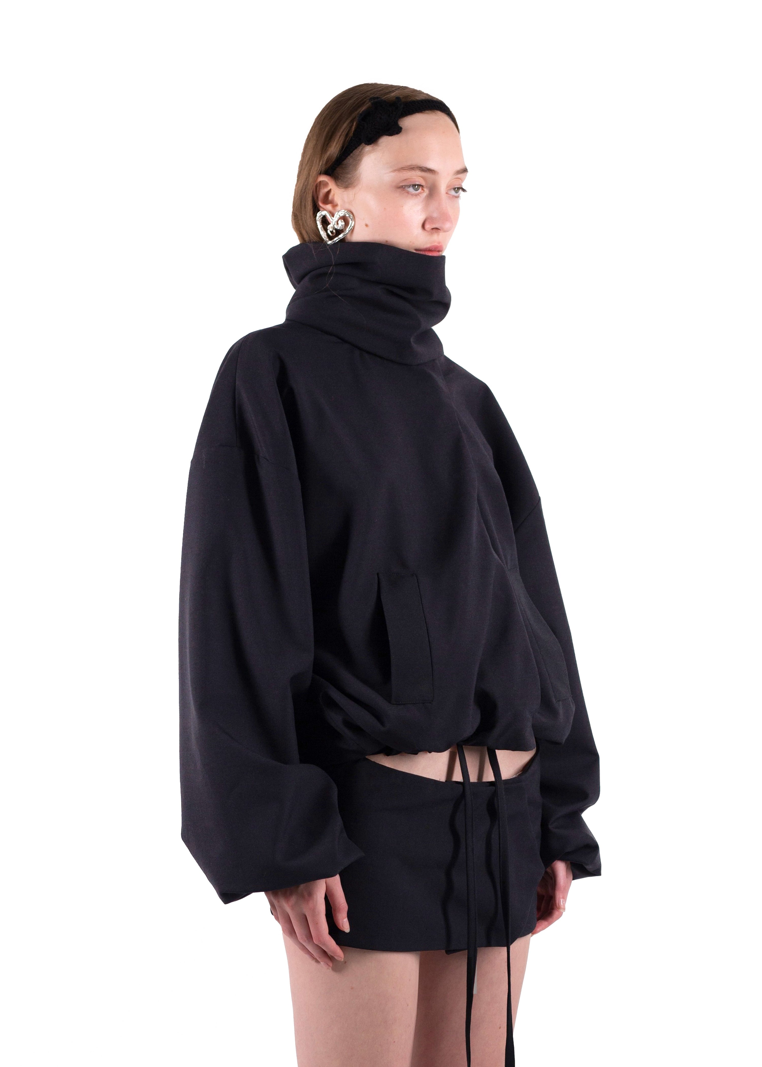 Ss24 black wool bomber with a mini skirt/belt
