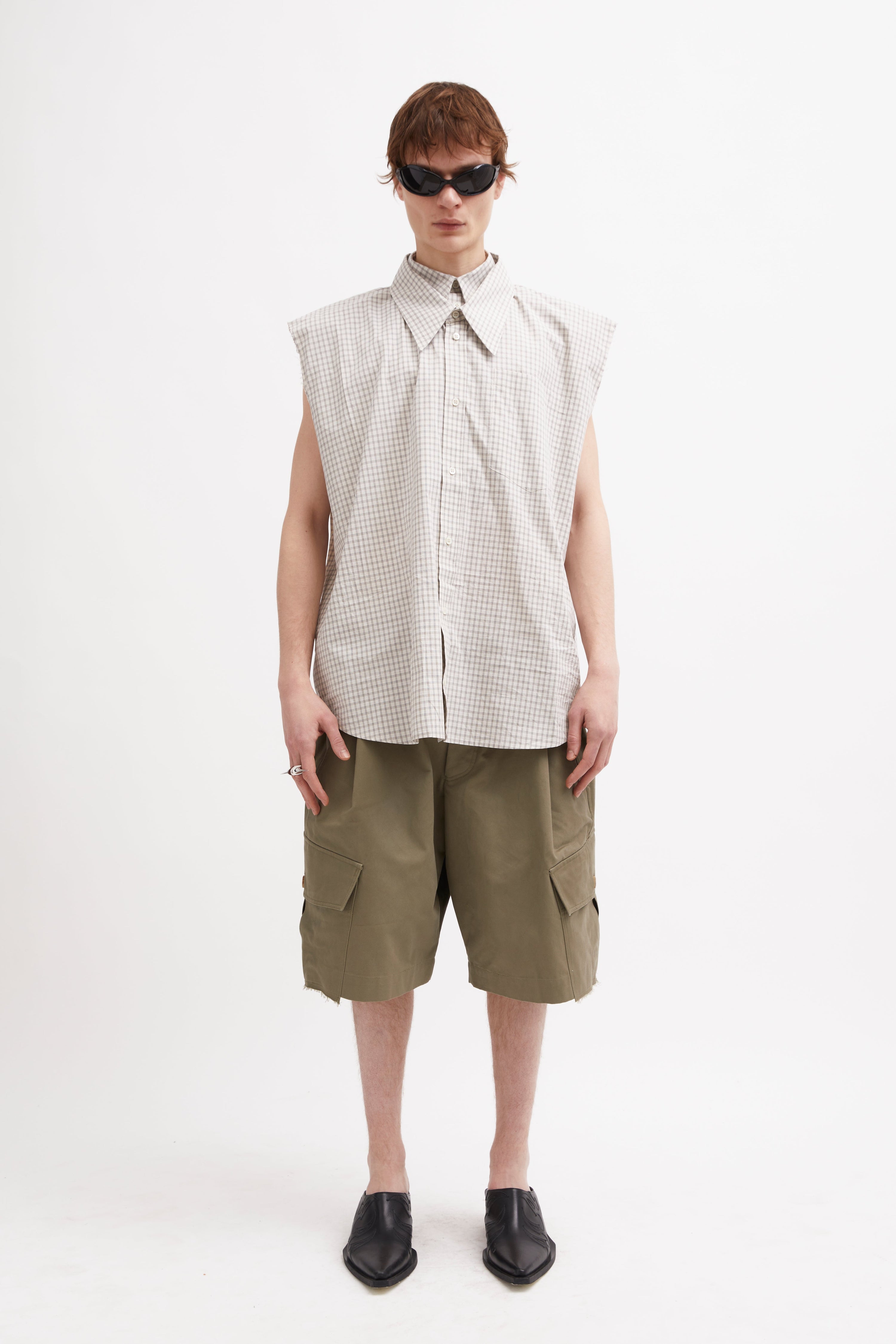 Sleeveless clover shirt linen / check brown