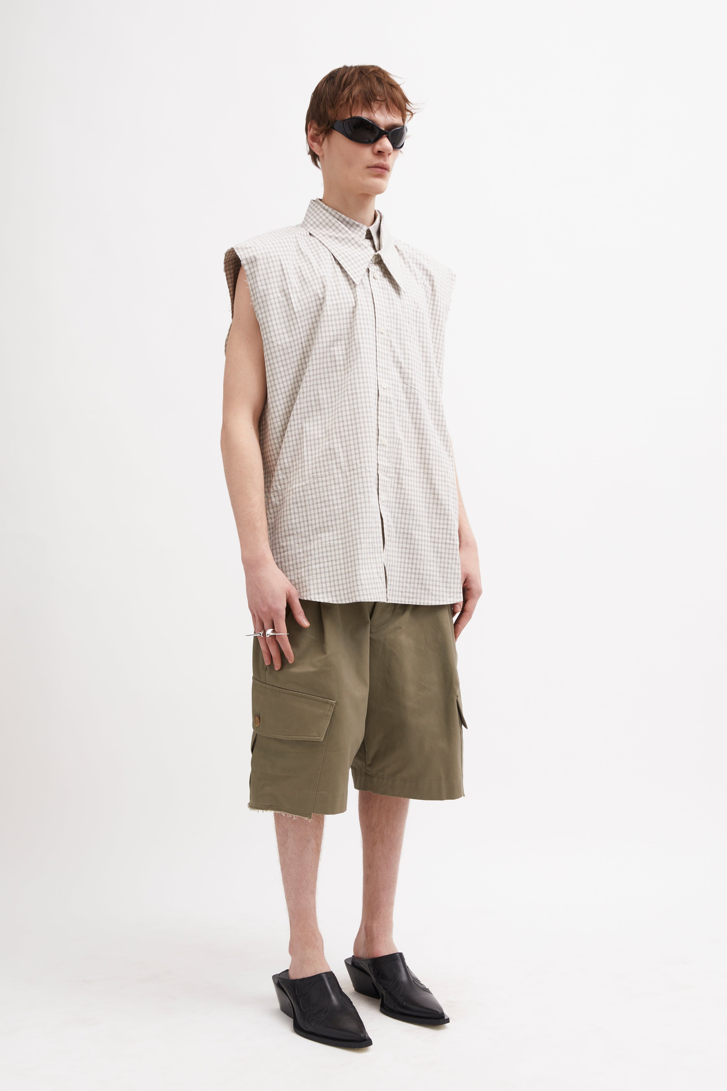 Sleeveless clover shirt linen / check brown