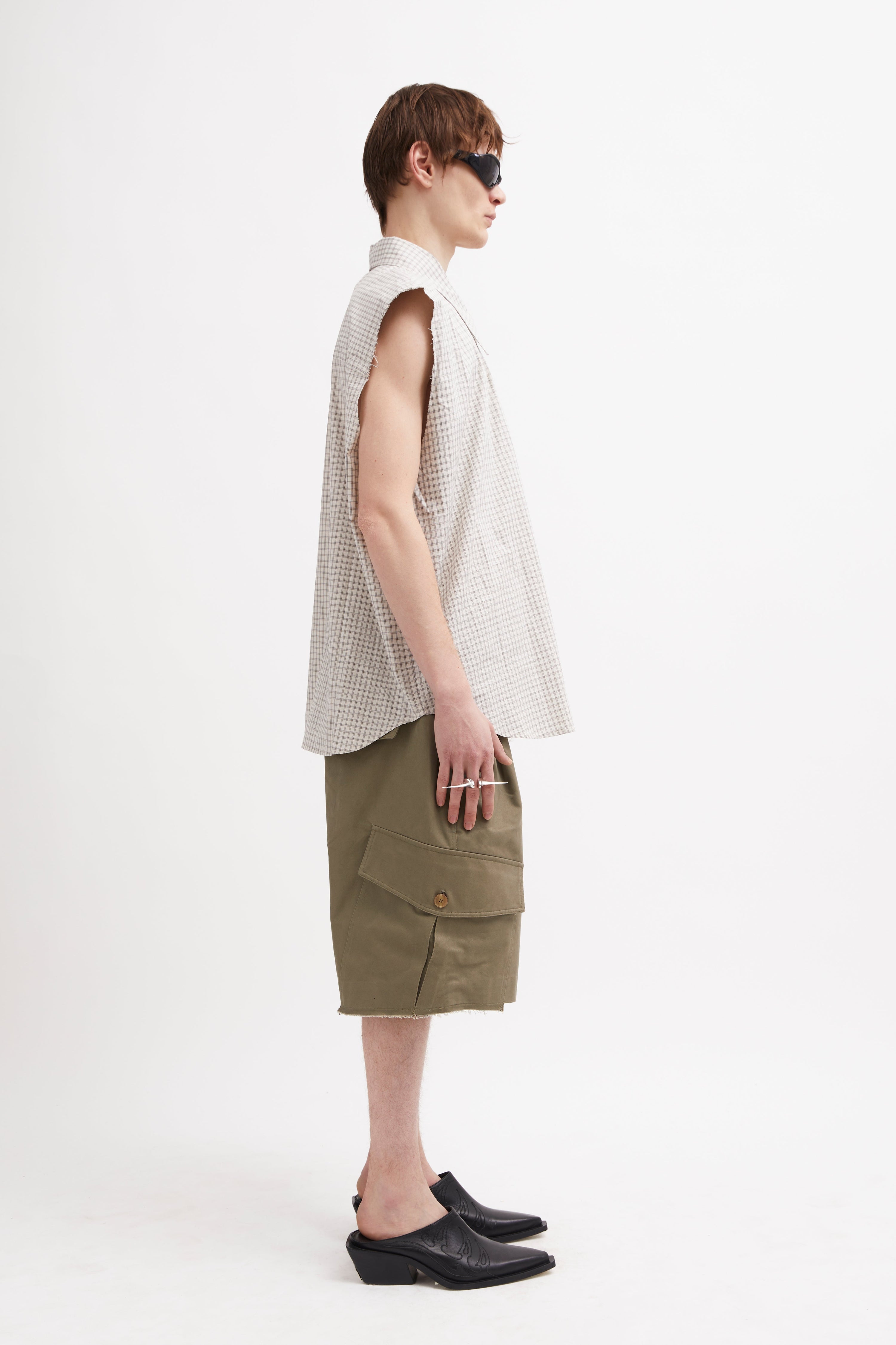 Sleeveless clover shirt linen / check brown