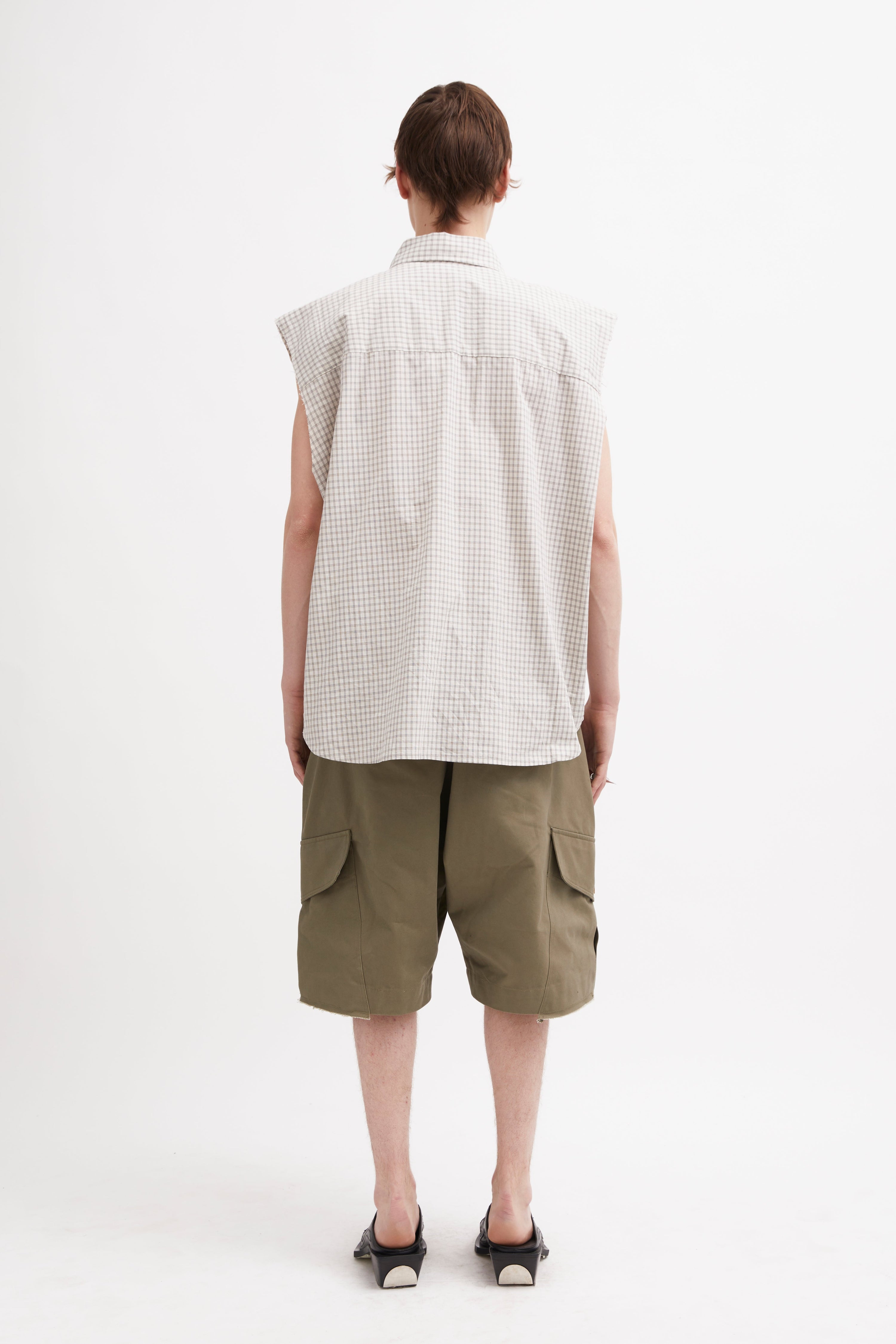 Sleeveless clover shirt linen / check brown