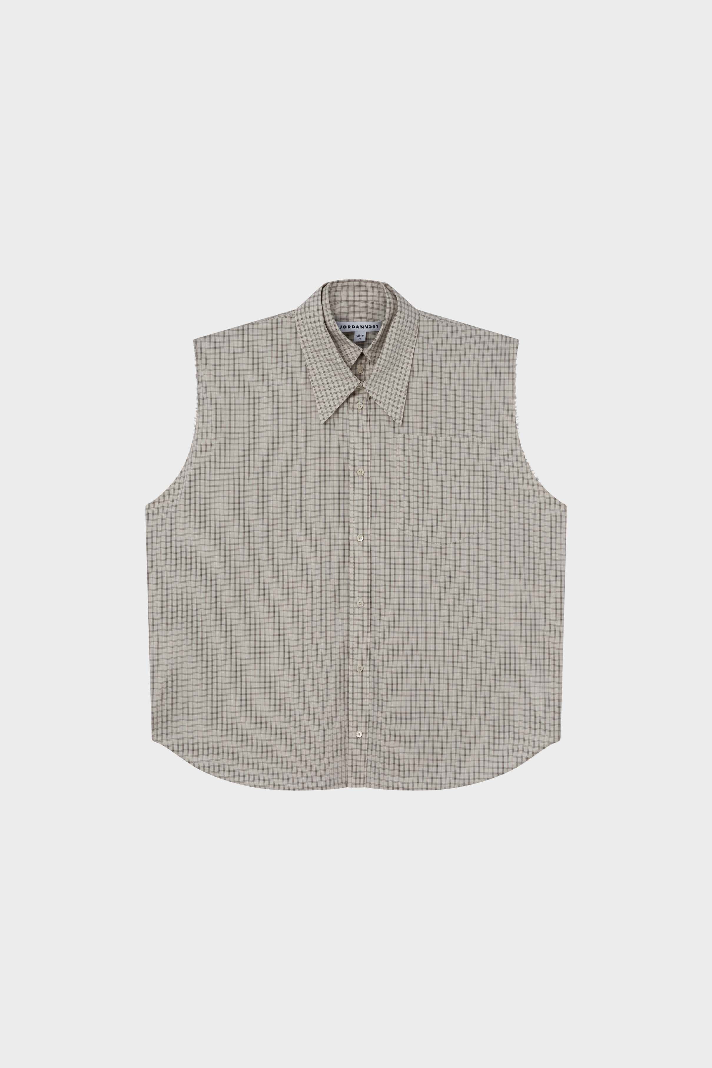 Sleeveless clover shirt linen / check brown