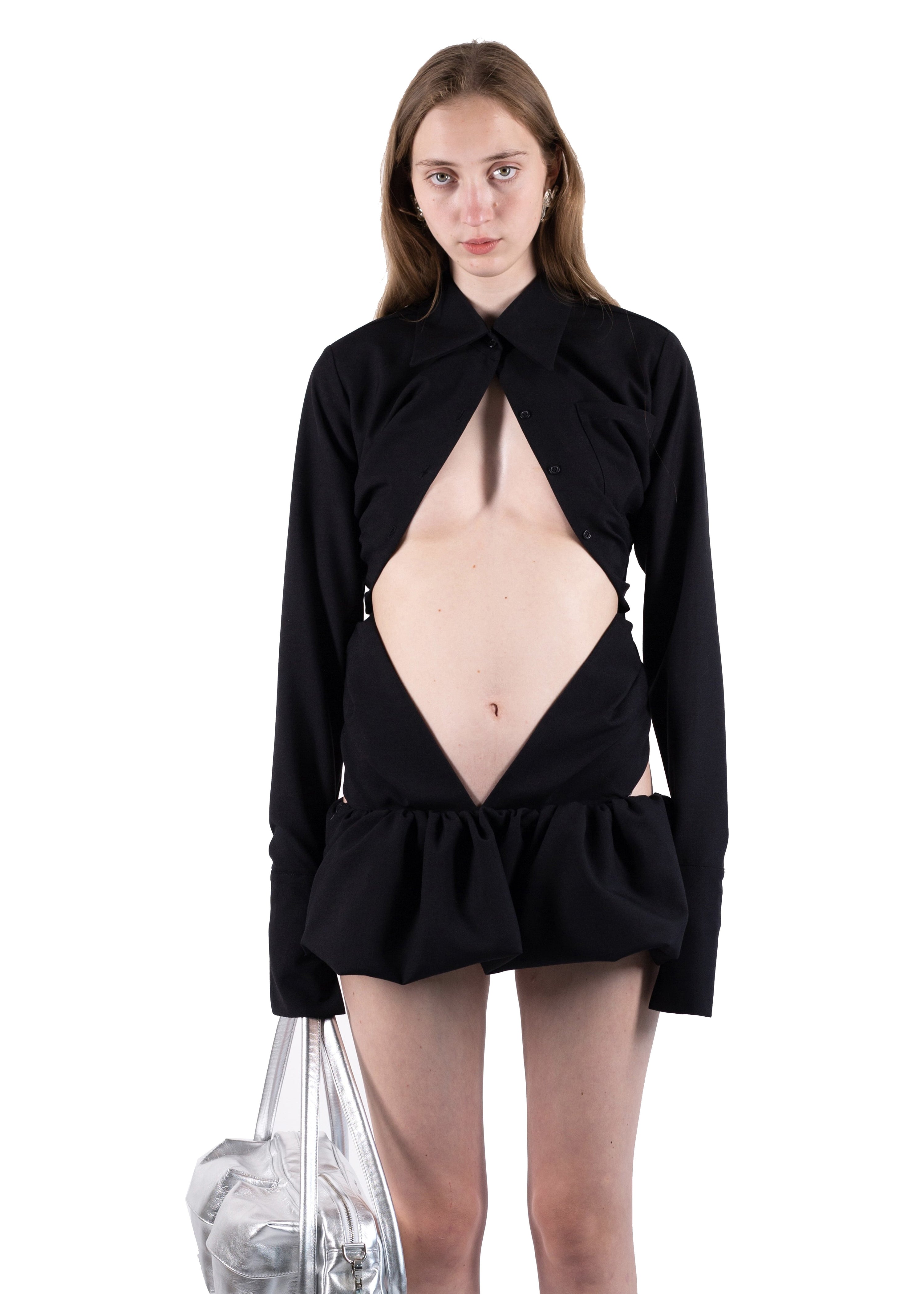 Ss24 draped wool shirt dress in black