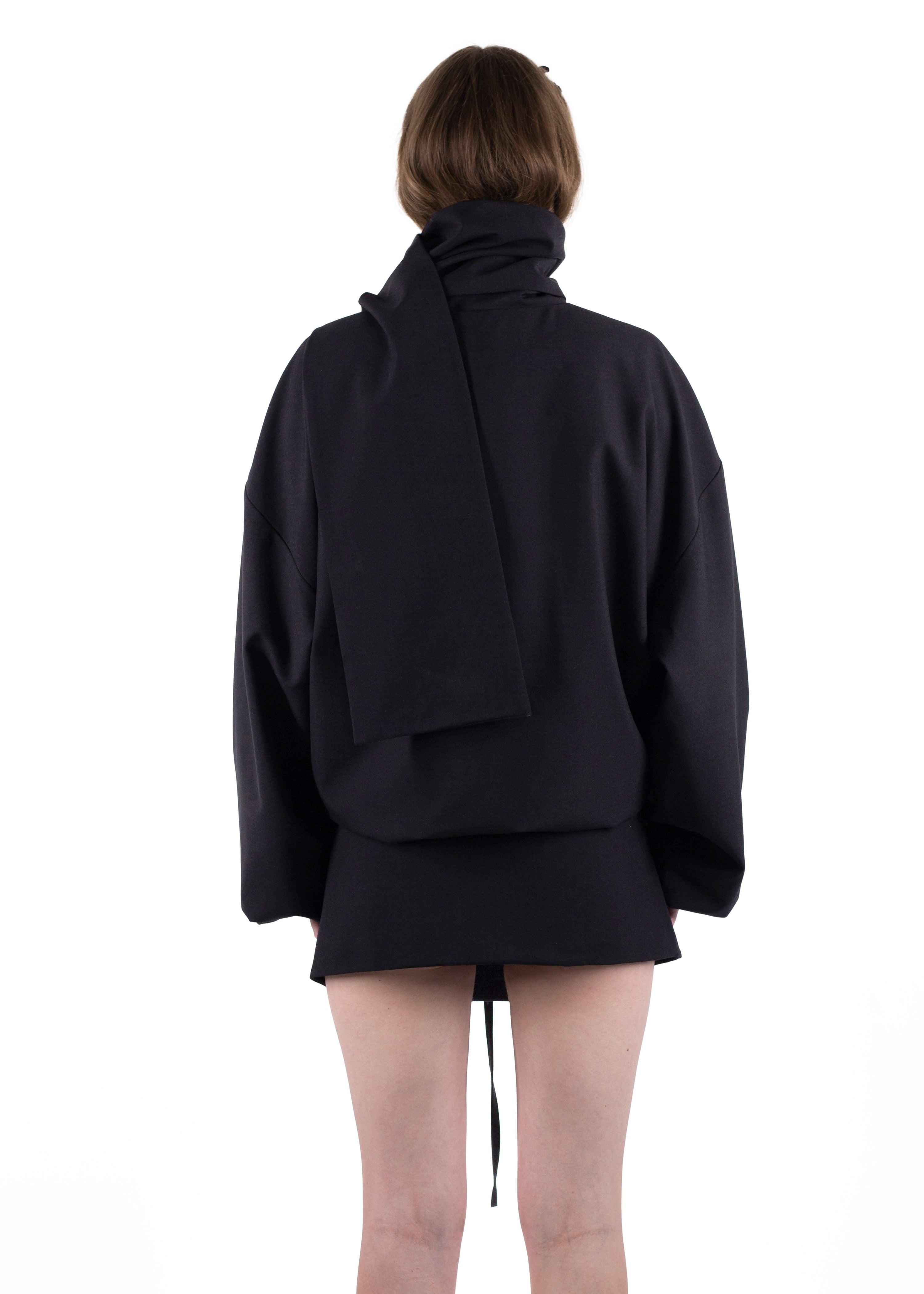Ss24 black wool bomber with a mini skirt/belt