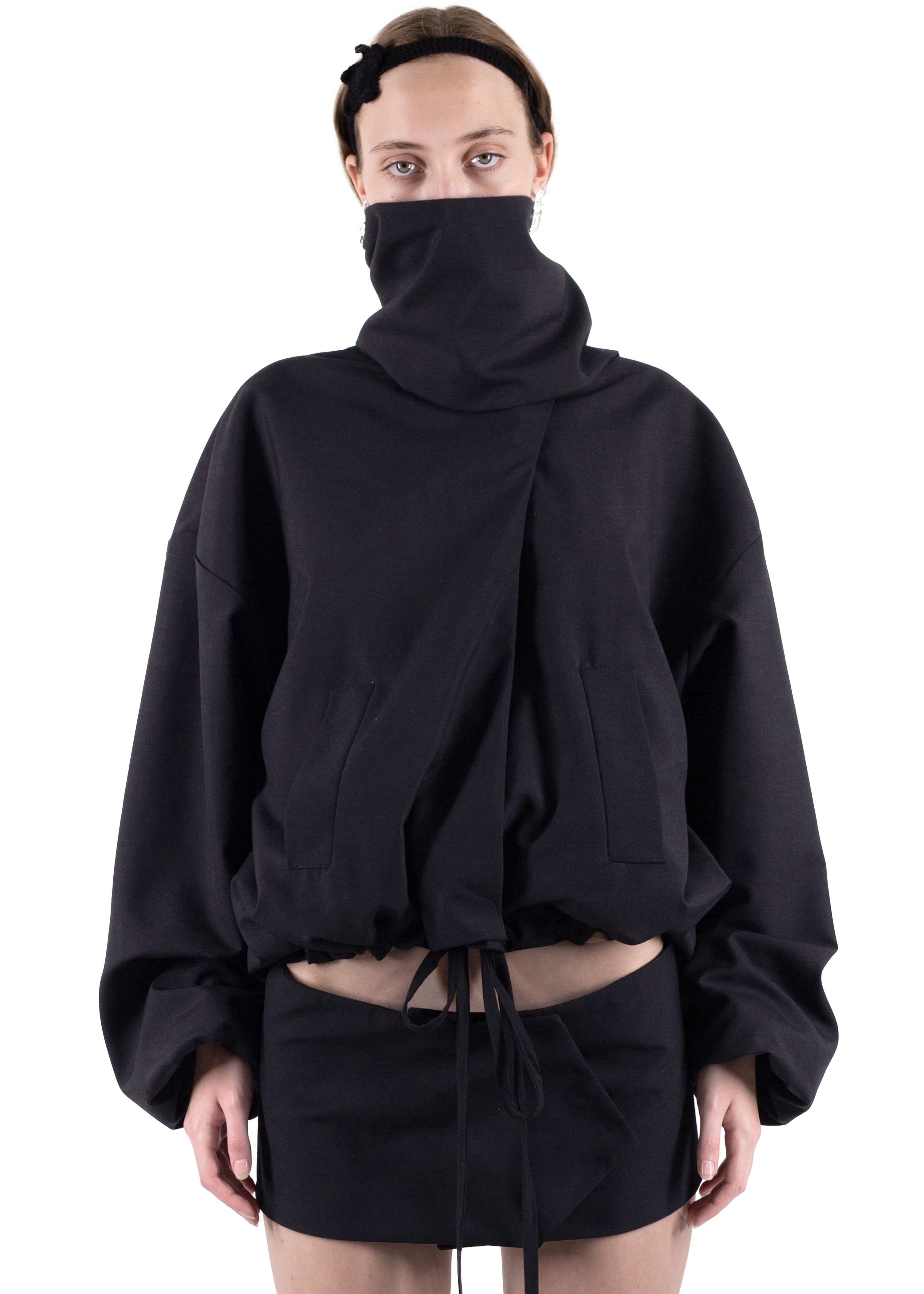 Ss24 black wool bomber with a mini skirt/belt