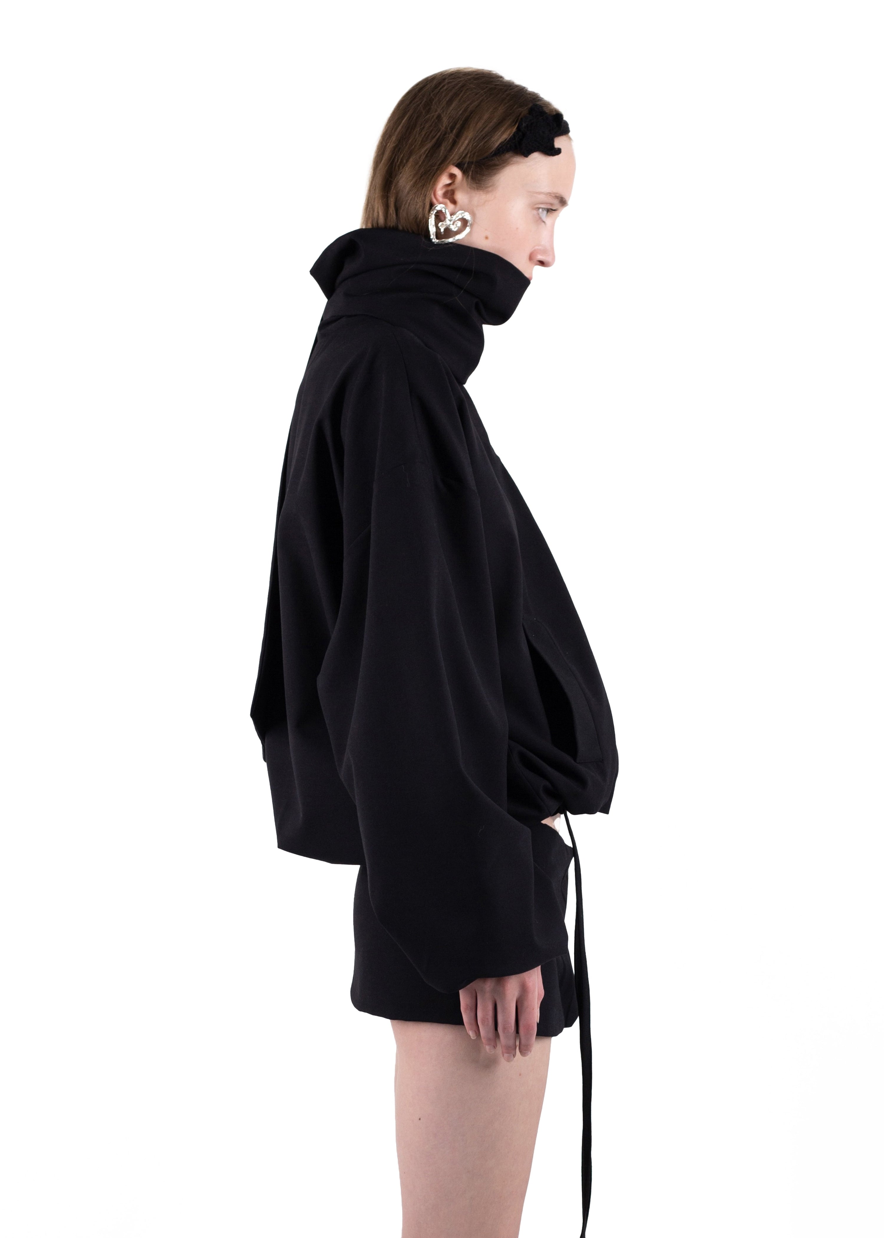Ss24 black wool bomber with a mini skirt/belt