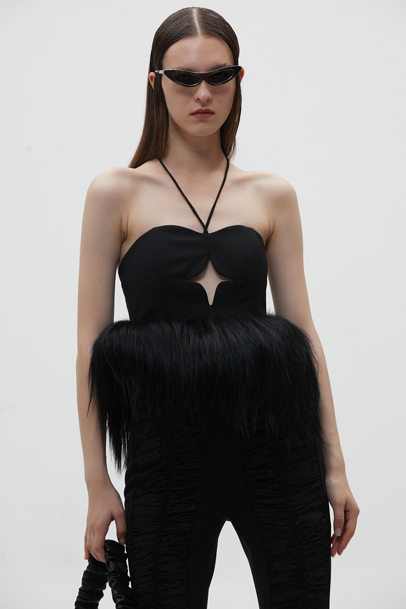 Star cutout fur embellished wool halter tank top