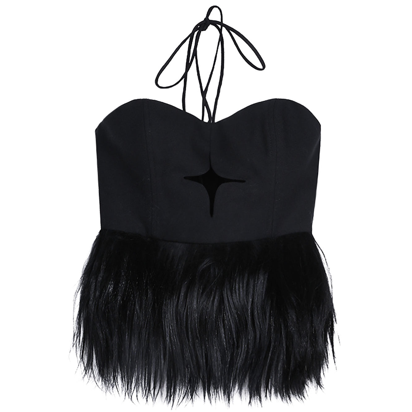 Star cutout fur embellished wool halter tank top