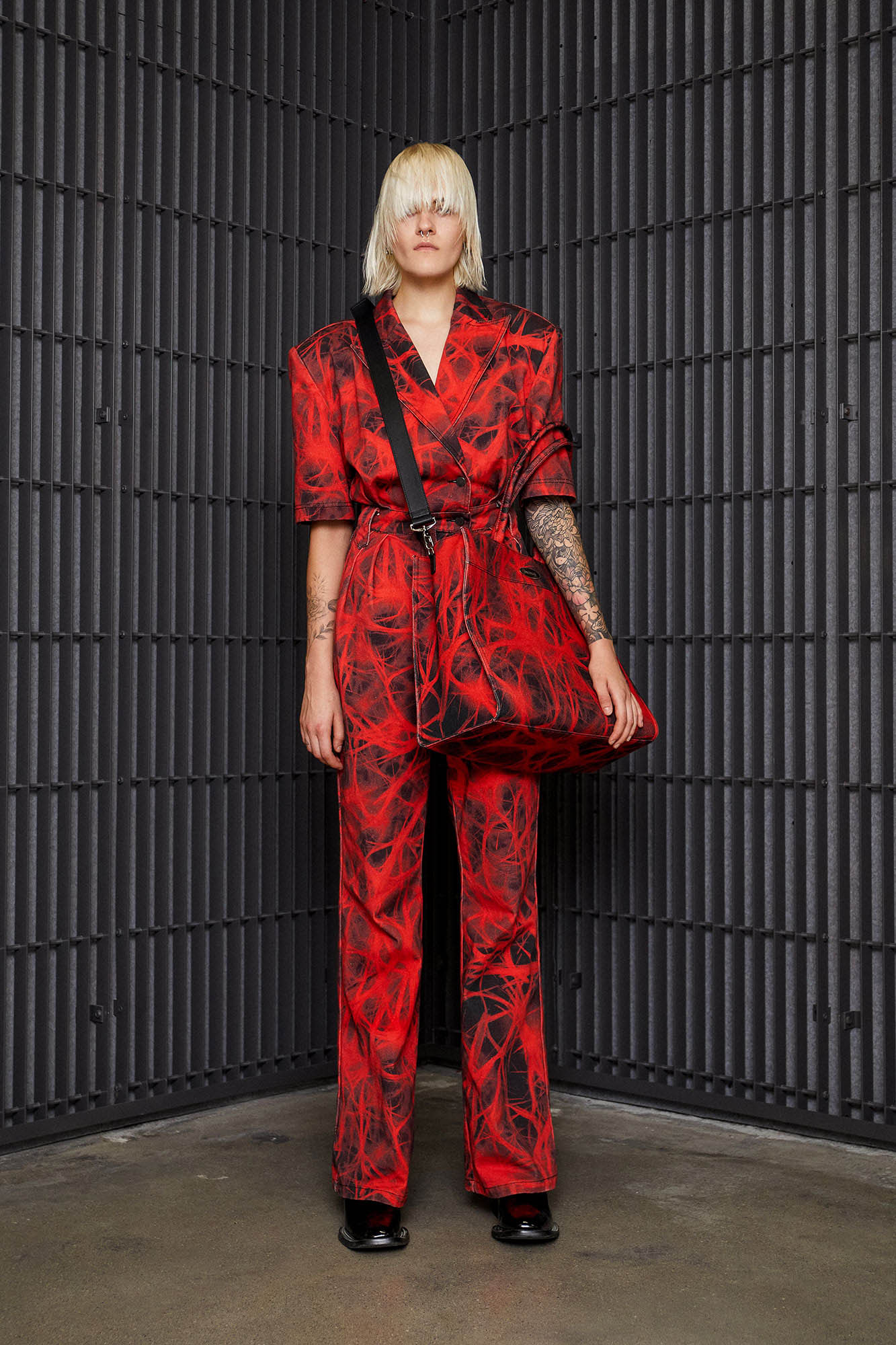 X-ray print denim overall jumpsuit