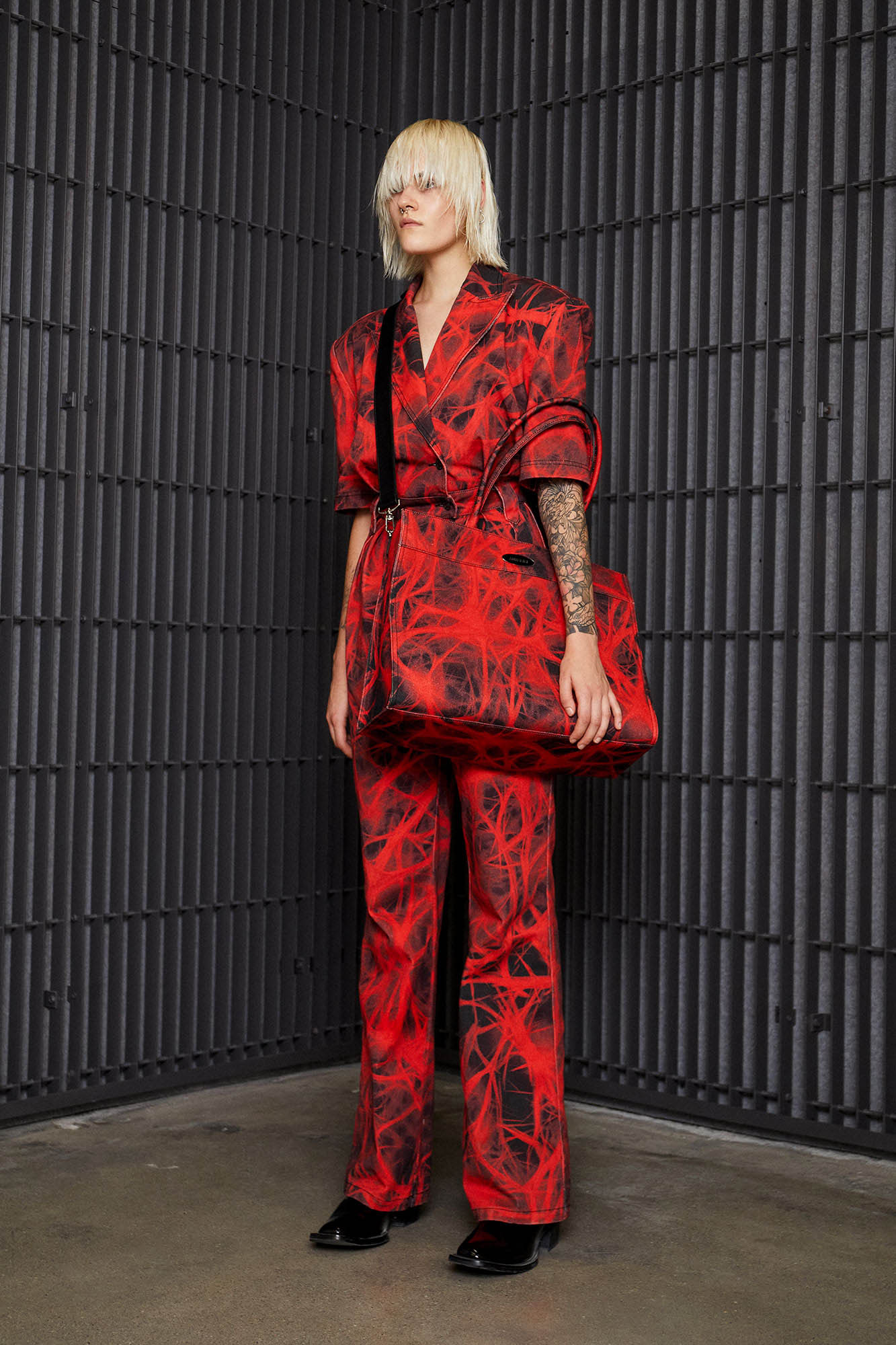 X-ray print denim overall jumpsuit