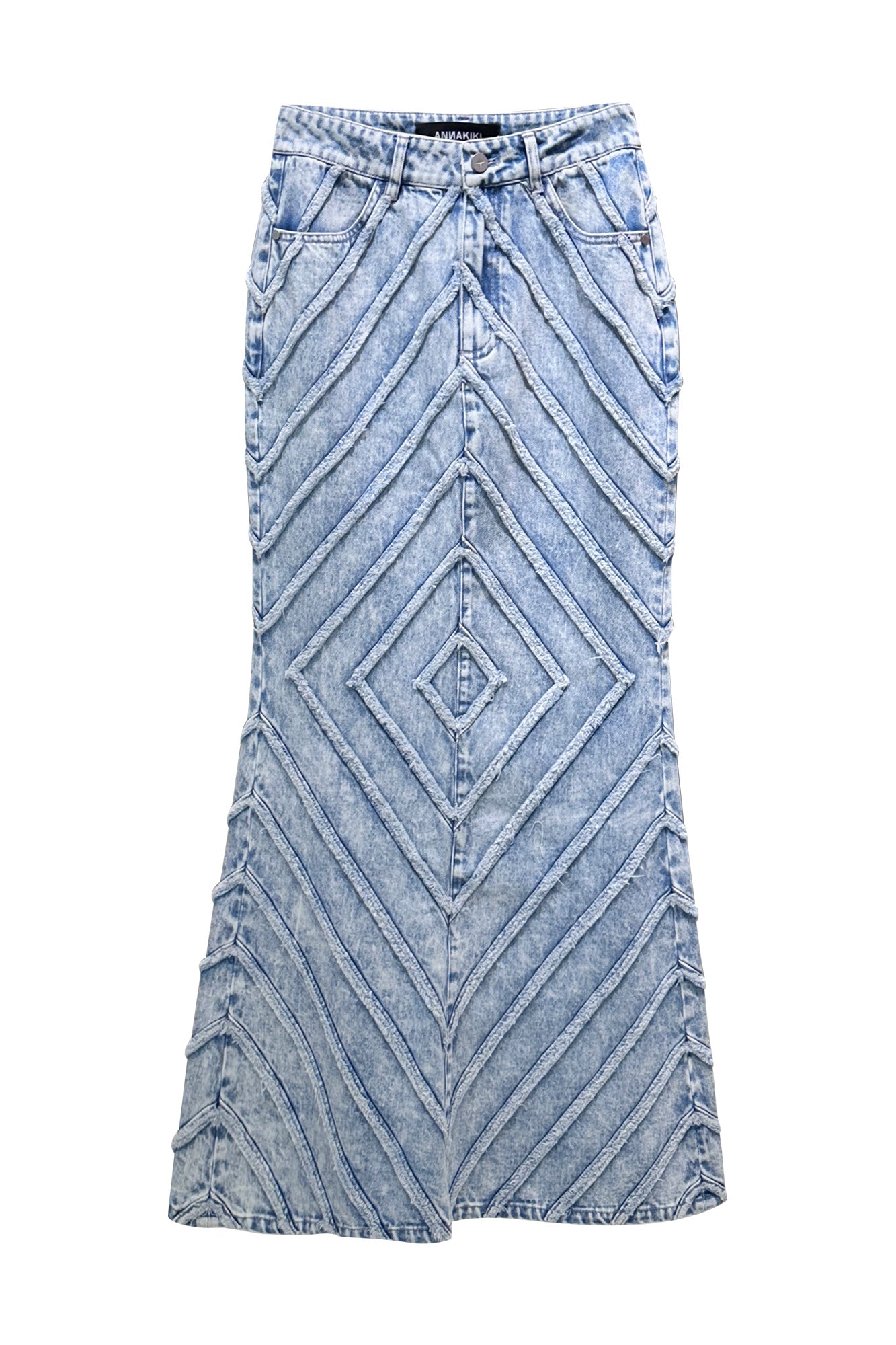 Denim fish tail long skirt with raw edge