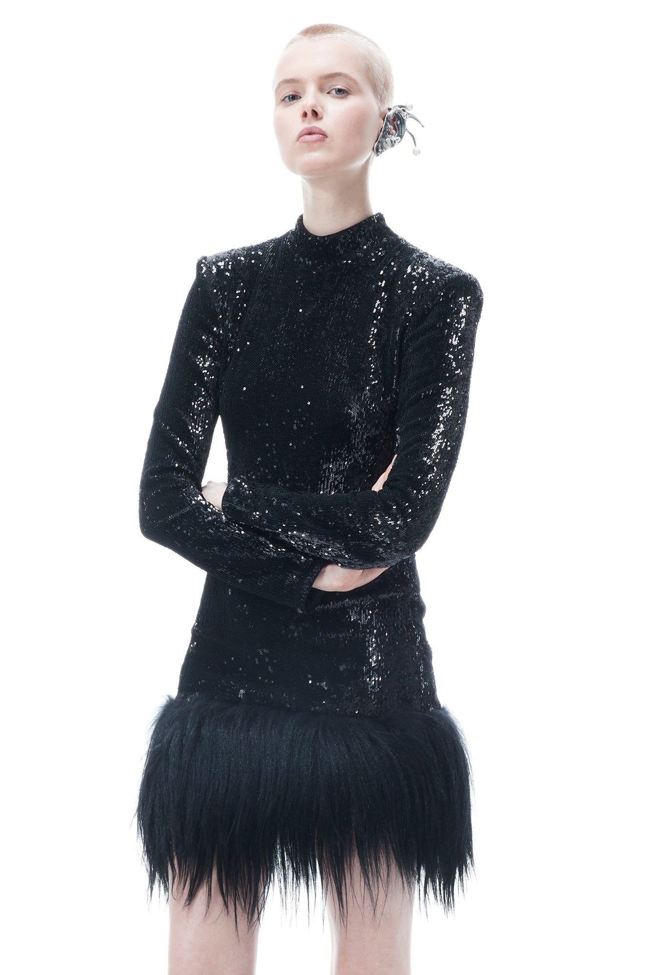 Meteor hollowed-out bead miss back woolly edge dress
