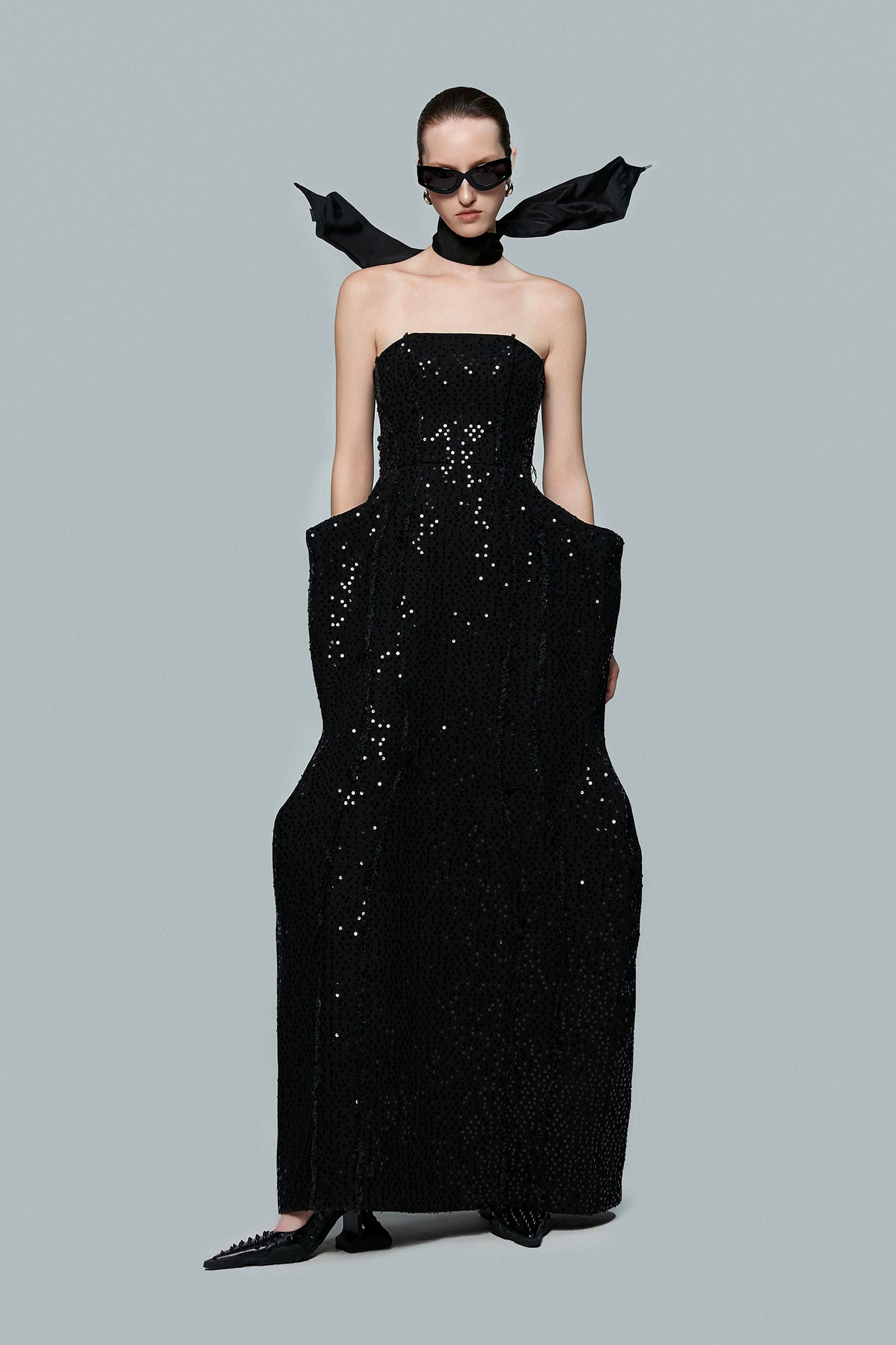Denim dress with beaded raw edge