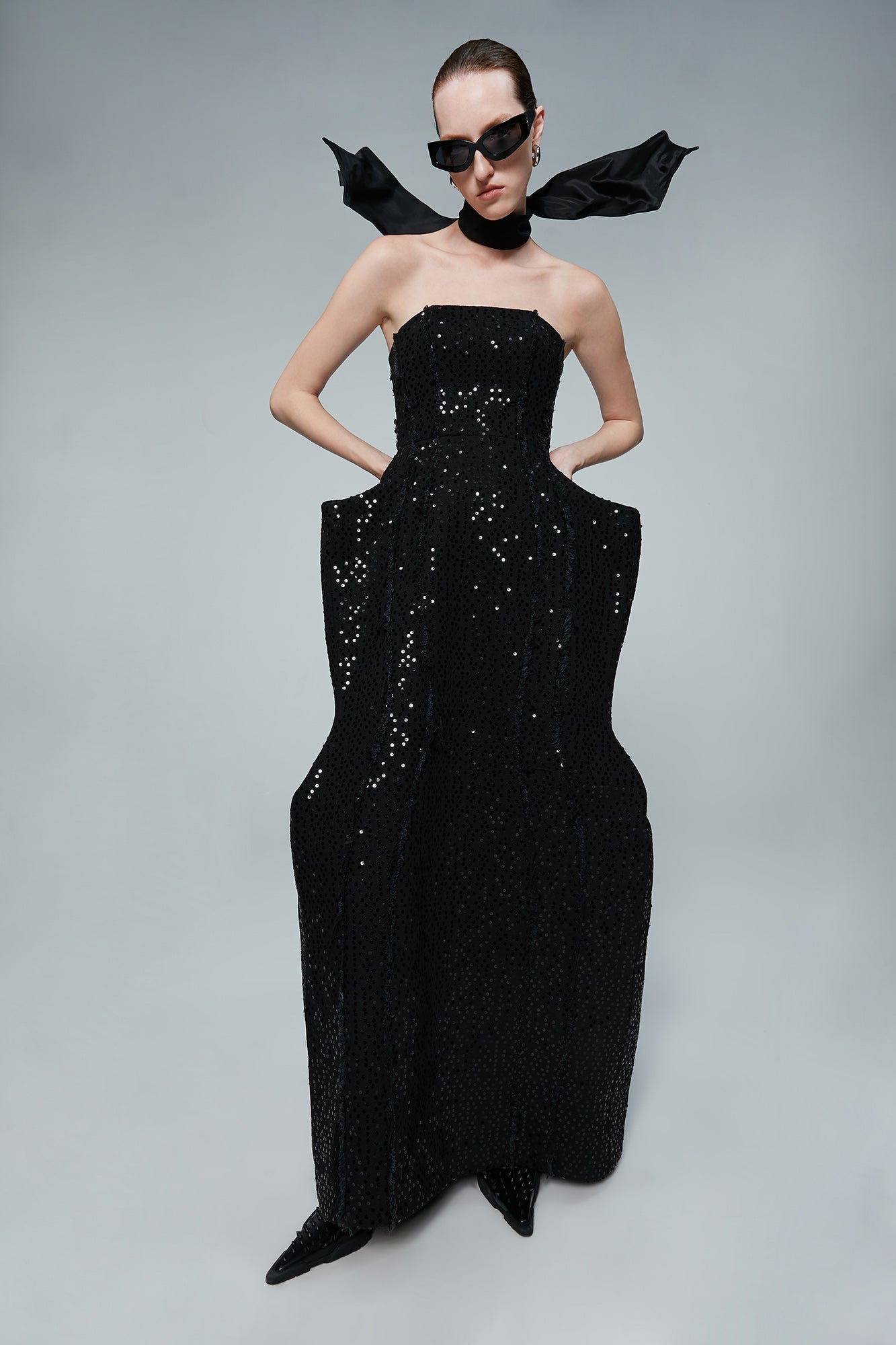 Denim dress with beaded raw edge
