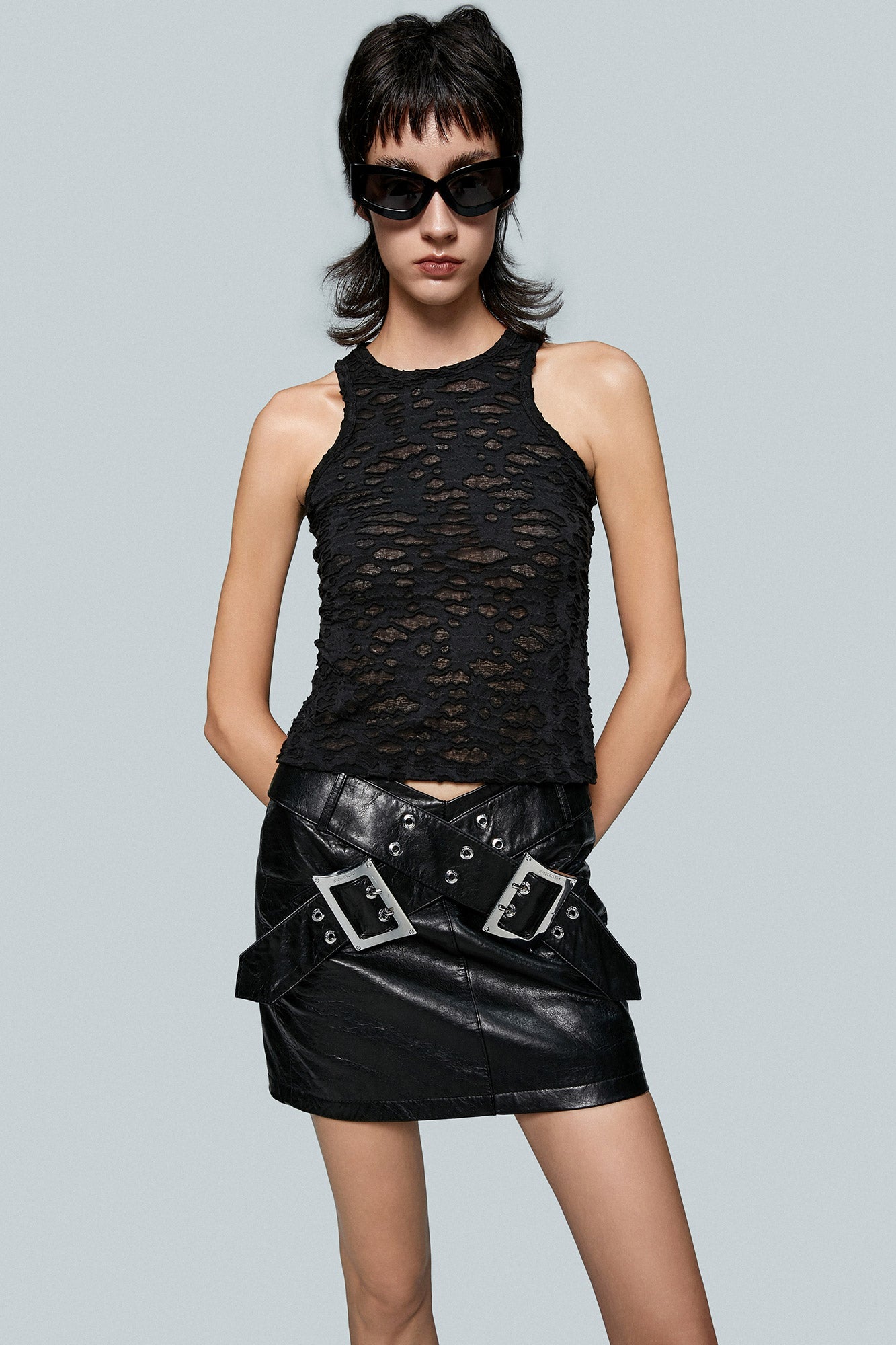 Lace up ultra short leather skirt