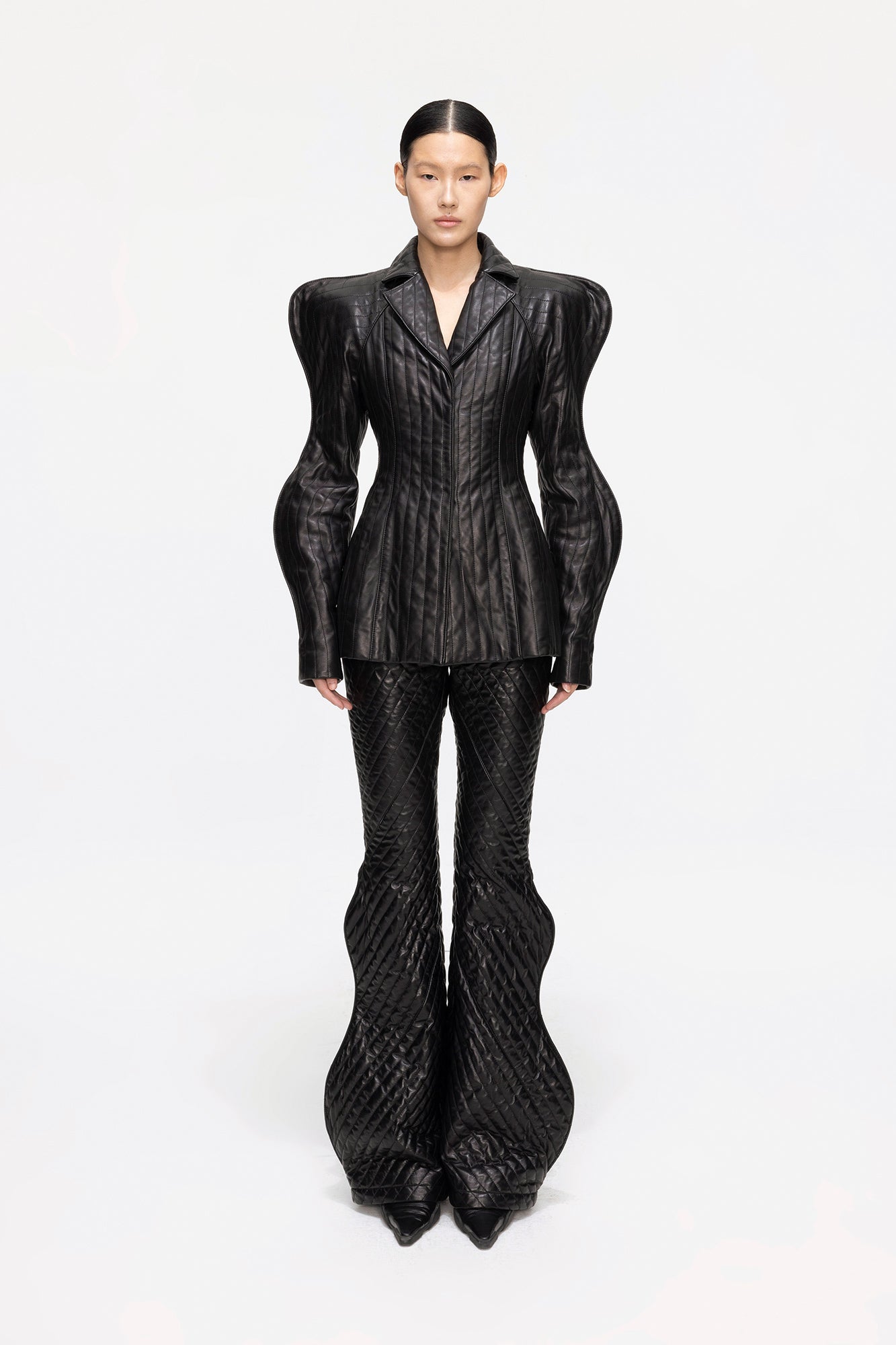 Genuine leather wave patchwork cotton jacket