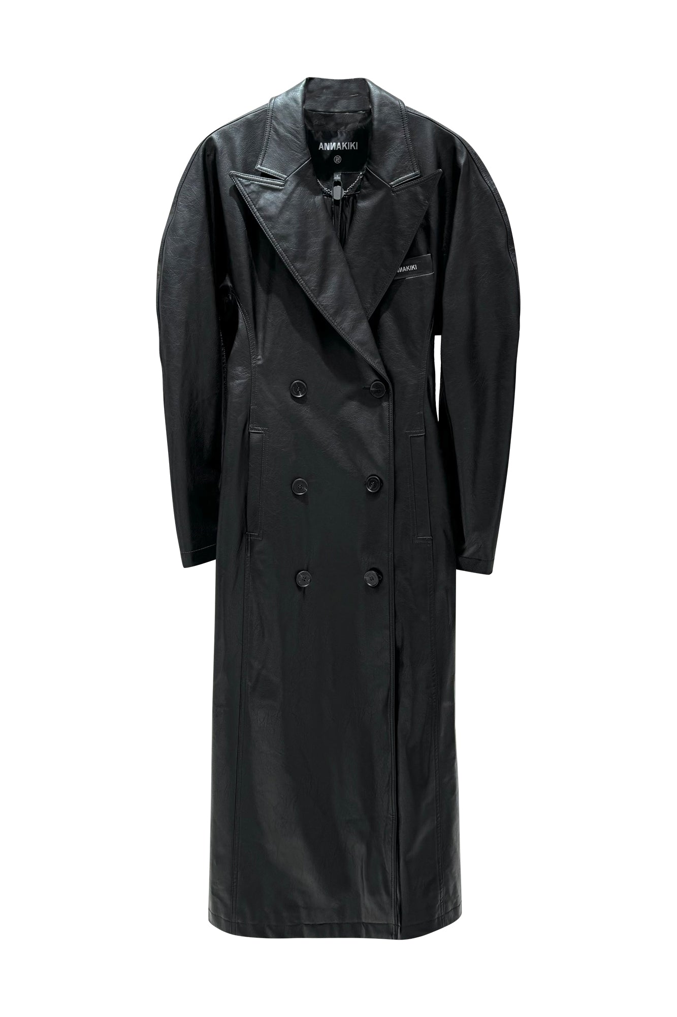 Long coat with curved sleeves and waist