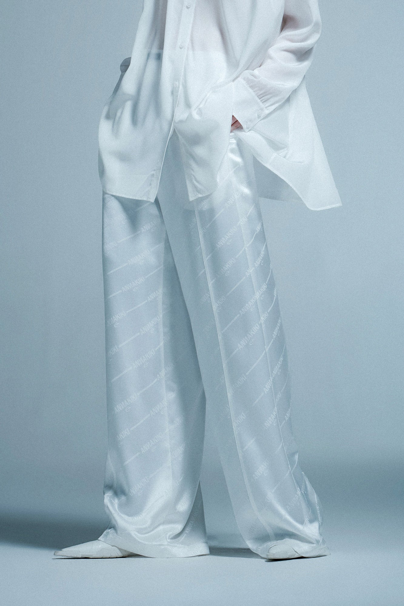 Acetate logo double waistband loose trousers
