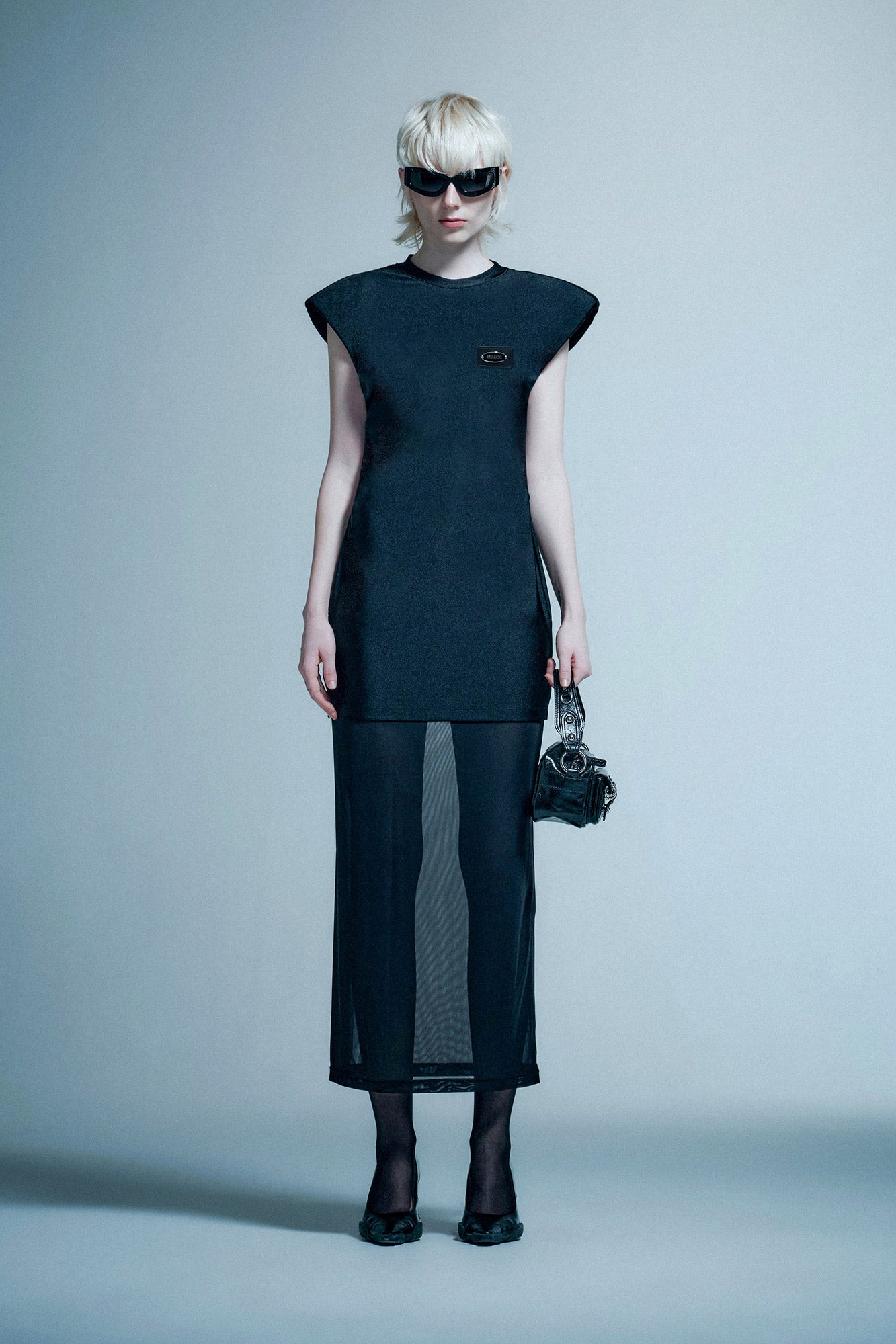 Wide shoulder mesh patchwork dress