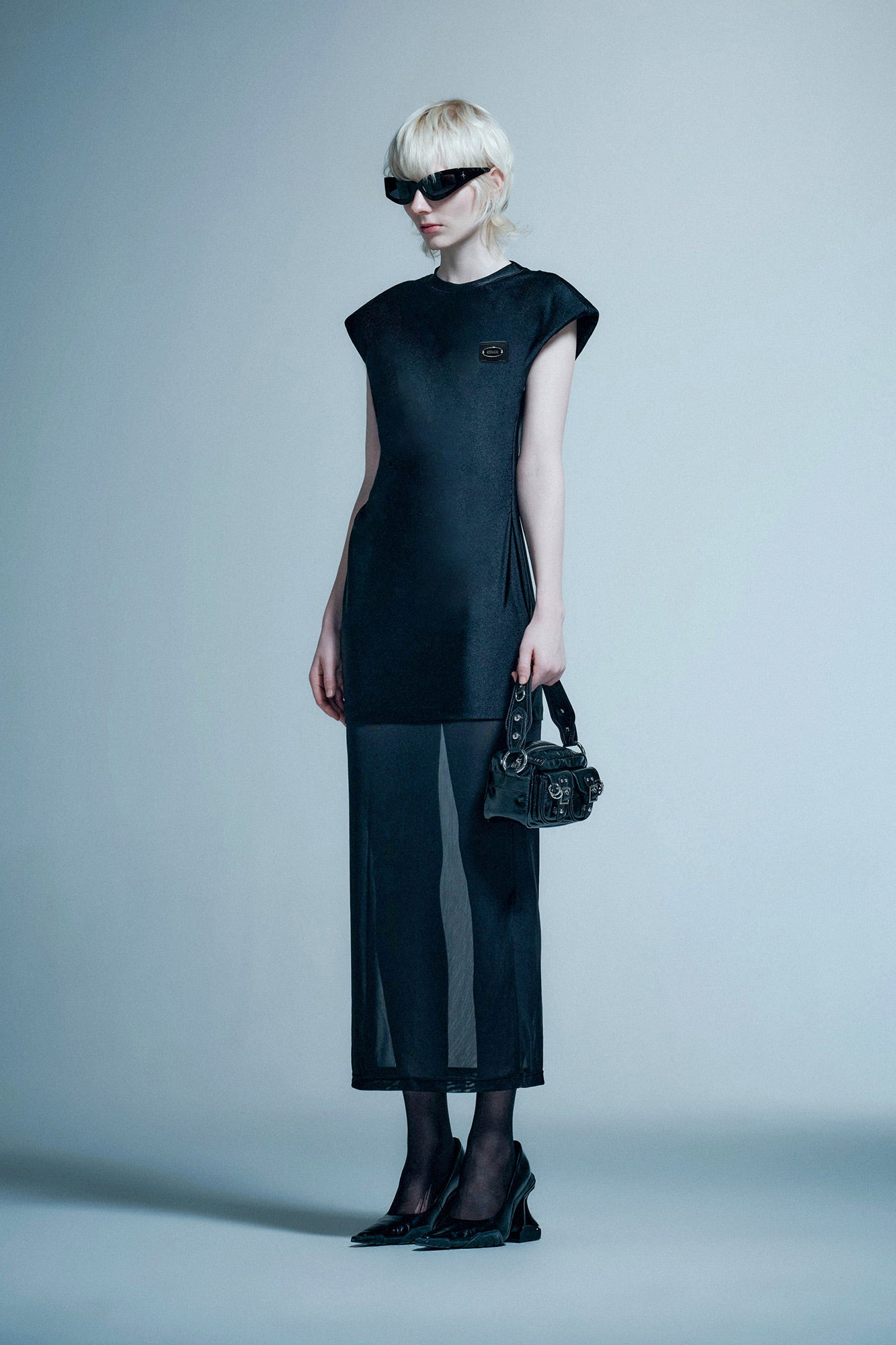 Wide shoulder mesh patchwork dress