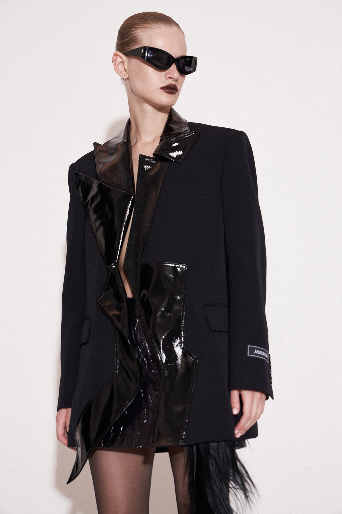 3d structured acetate-wool contrast collar blazer