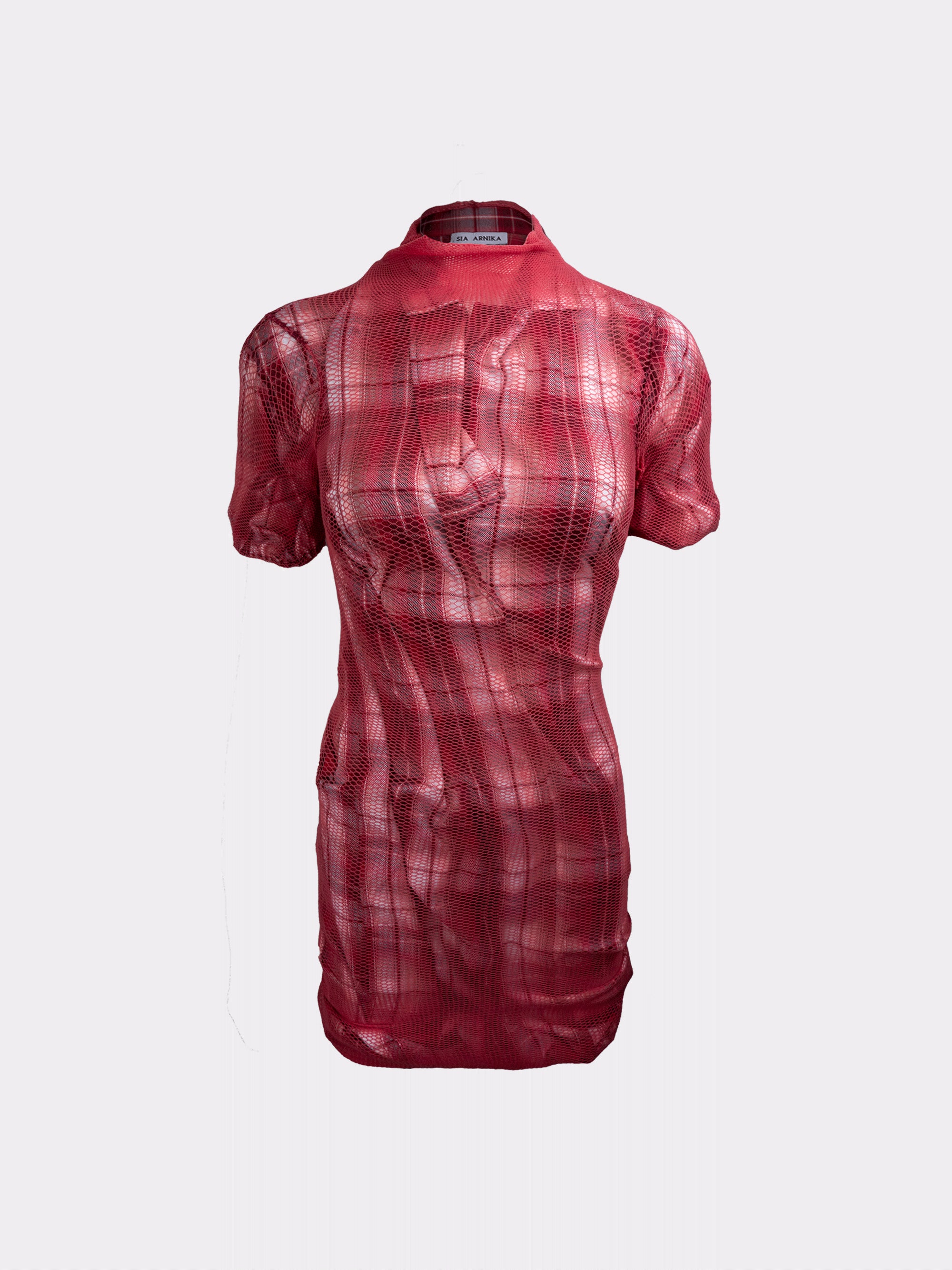 Fishnet-layered plaid kittel dress