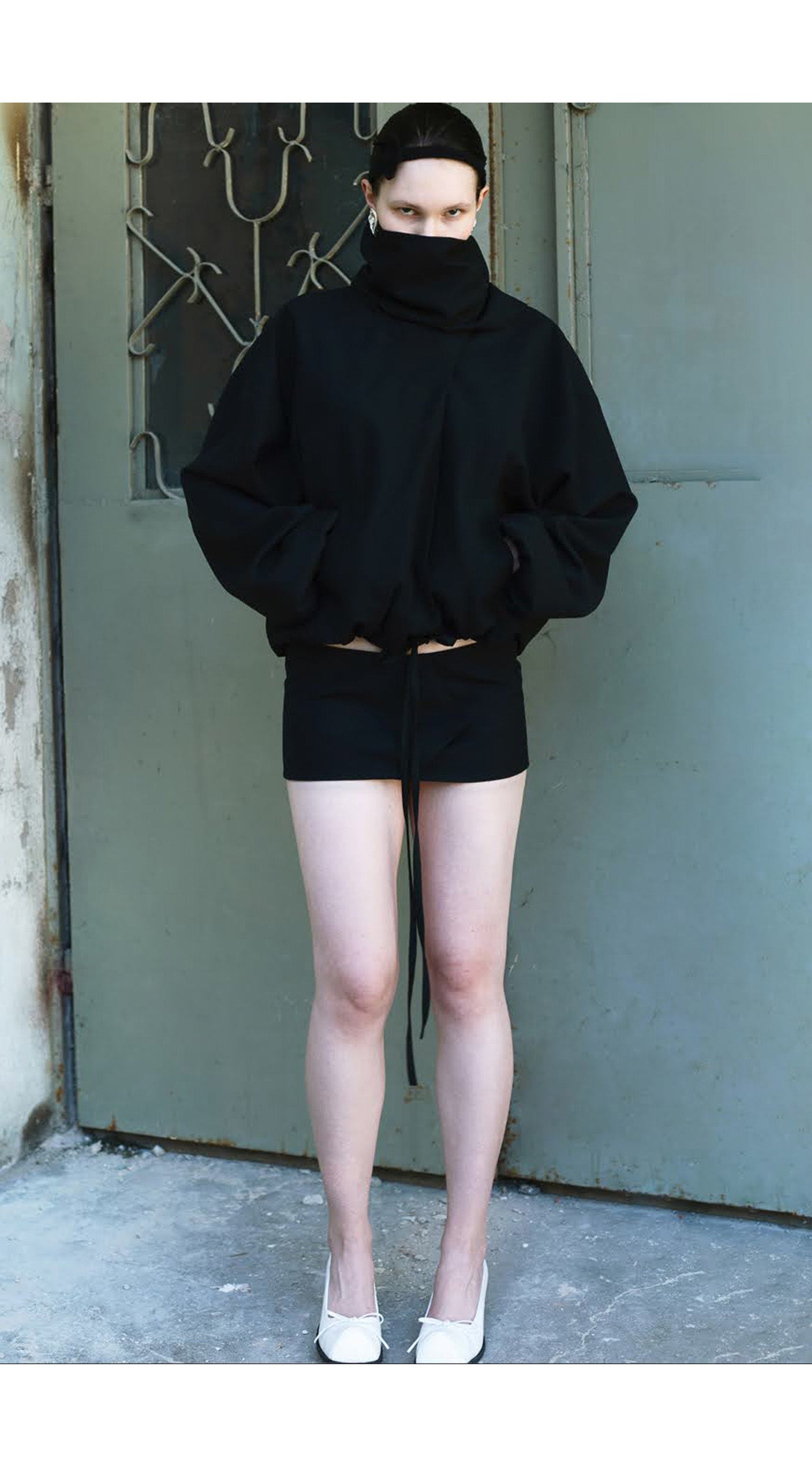 Ss24 black wool bomber with a mini skirt/belt