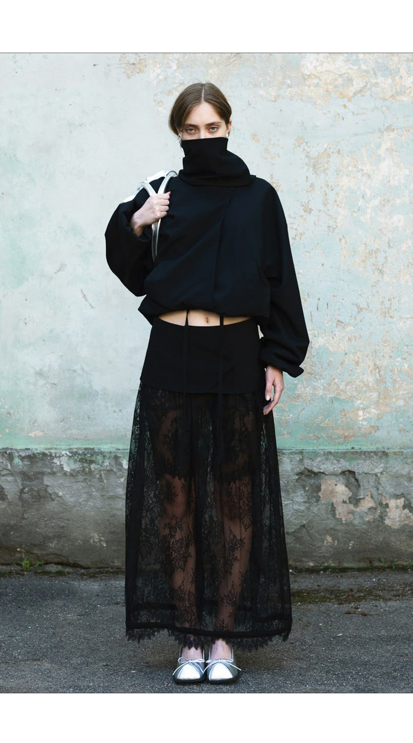 Ss24 black wool bomber with a mini skirt/belt