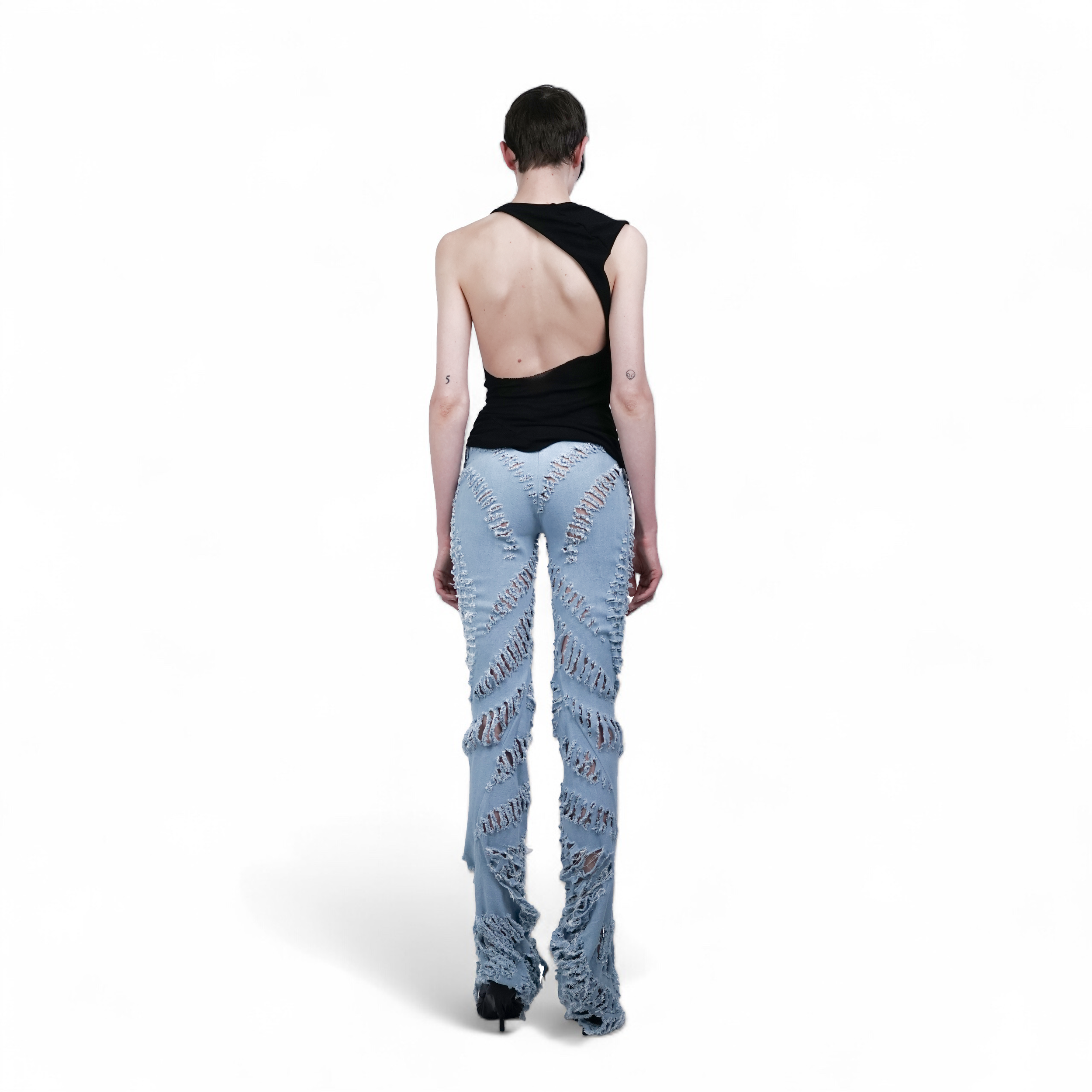 Cut denim swirl pants