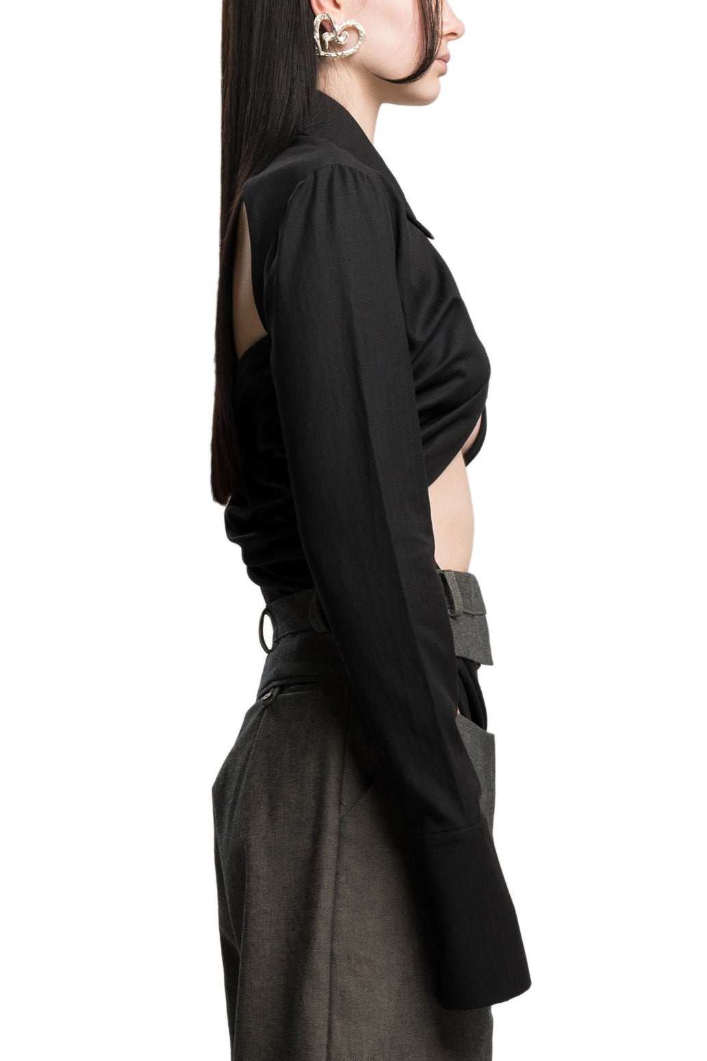Draped wool shirt in black