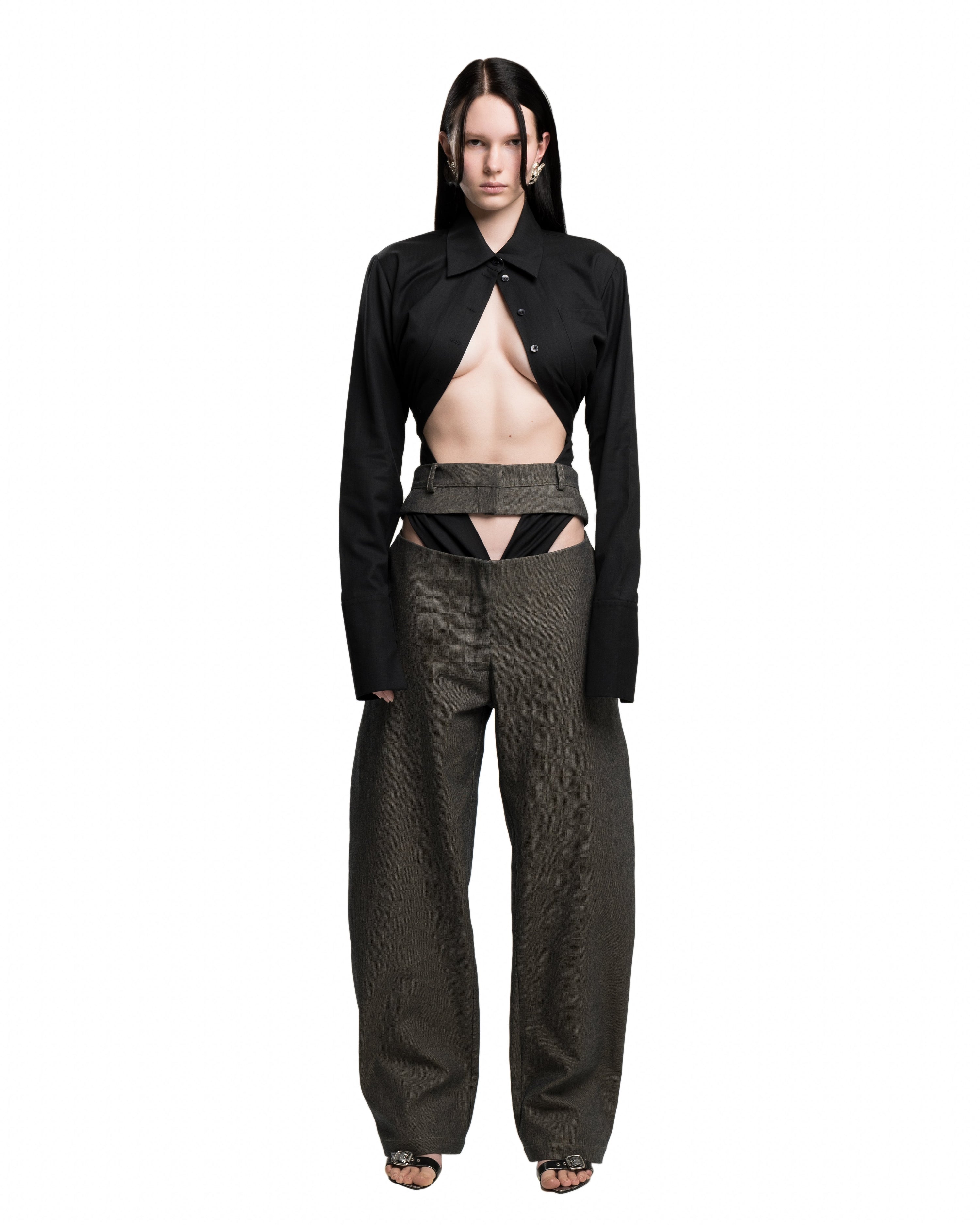 Draped wool shirt in black