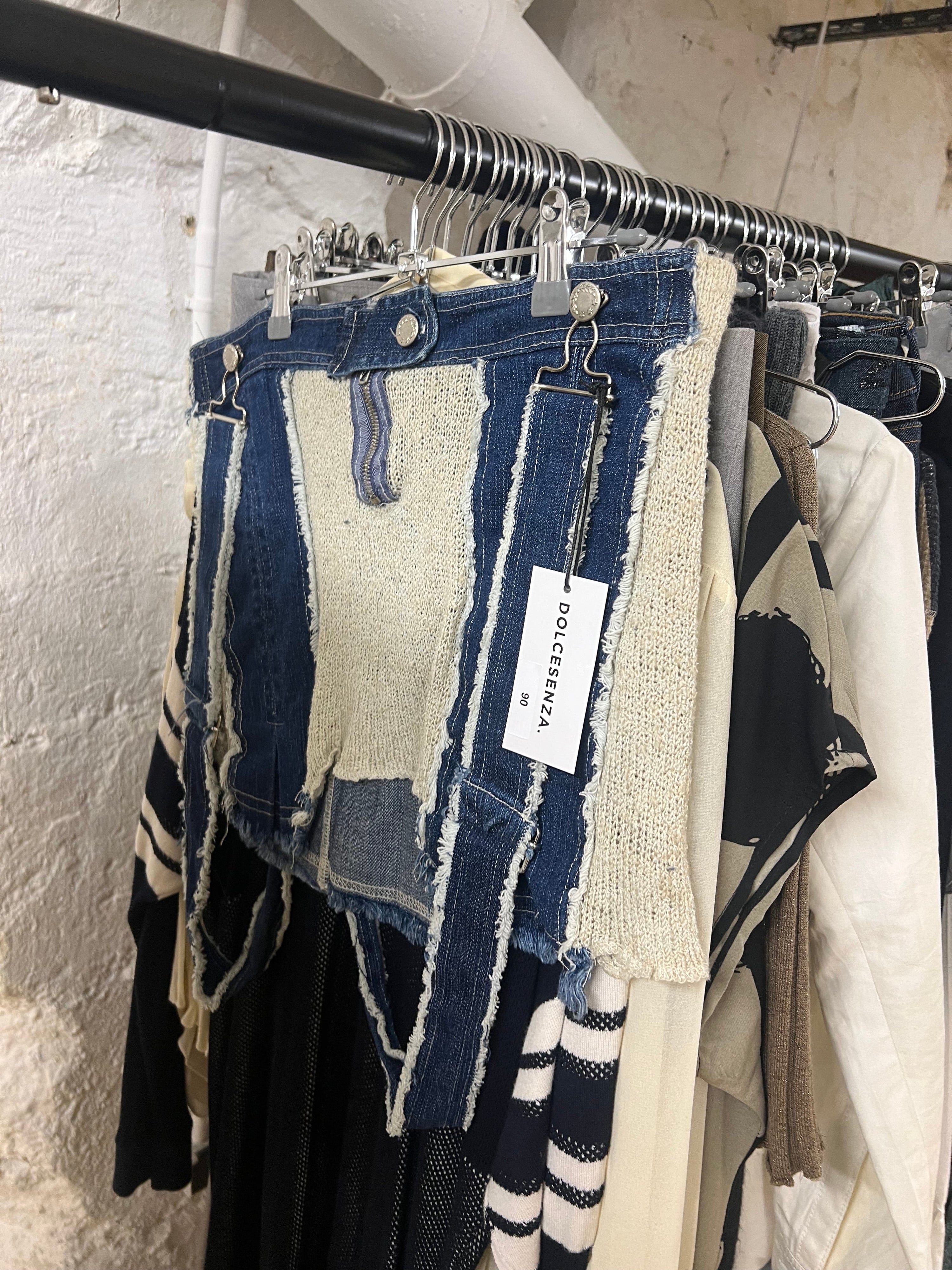 Patchwork knit denim skirt