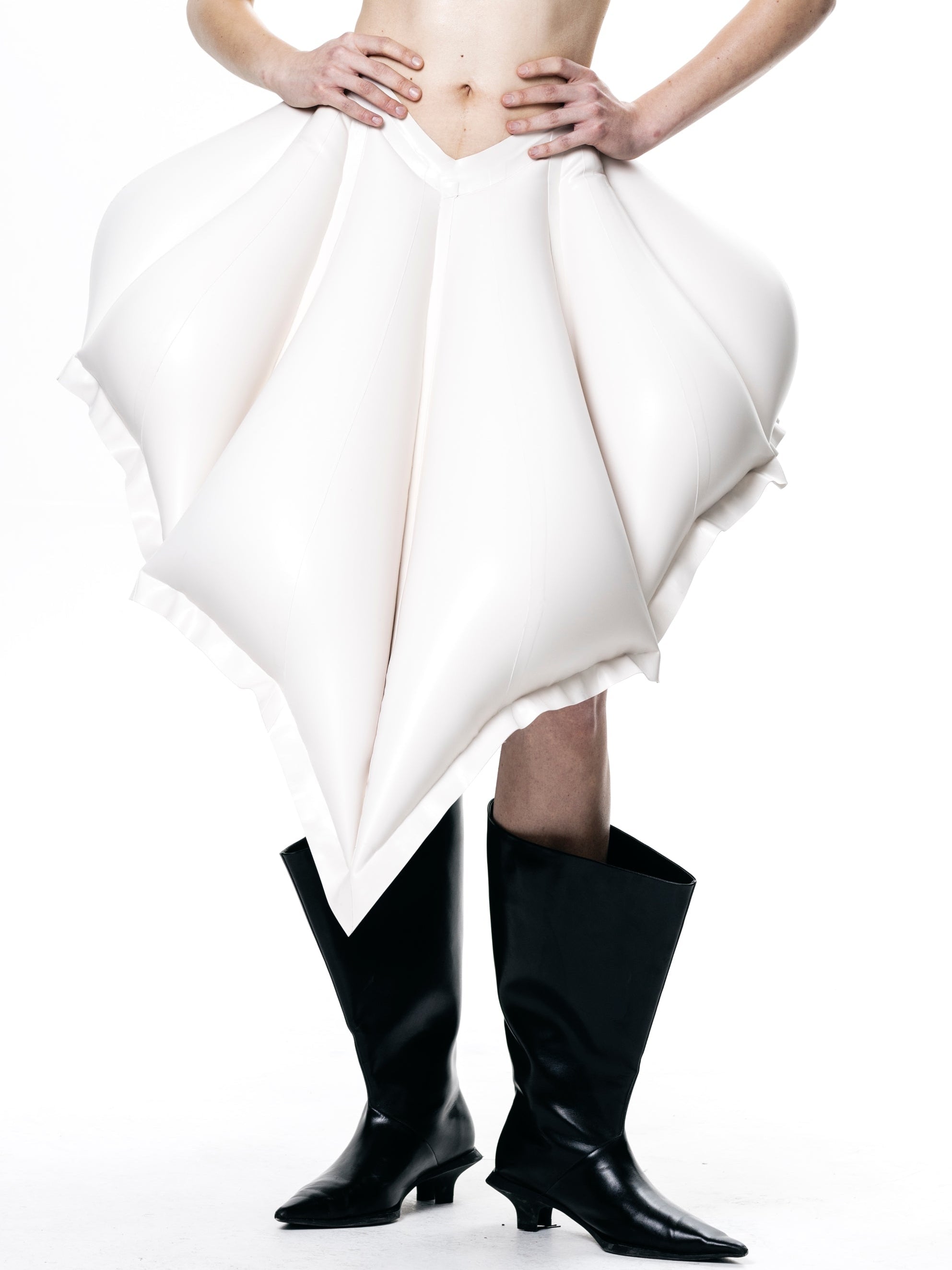 White v-waisted inflatable midi skirt | shell skirt