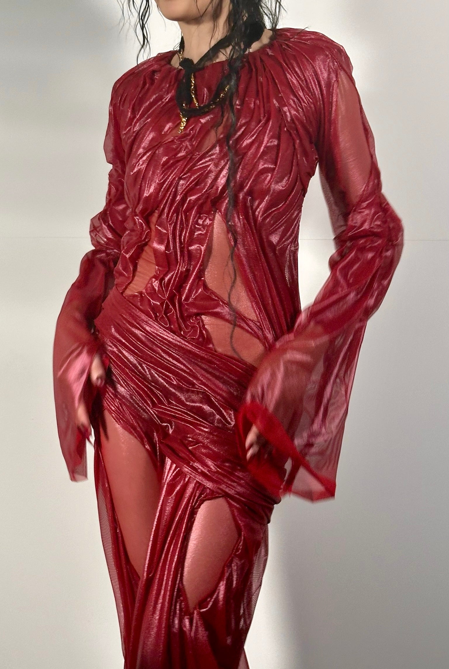 Long sleeve metallic wetlook dress