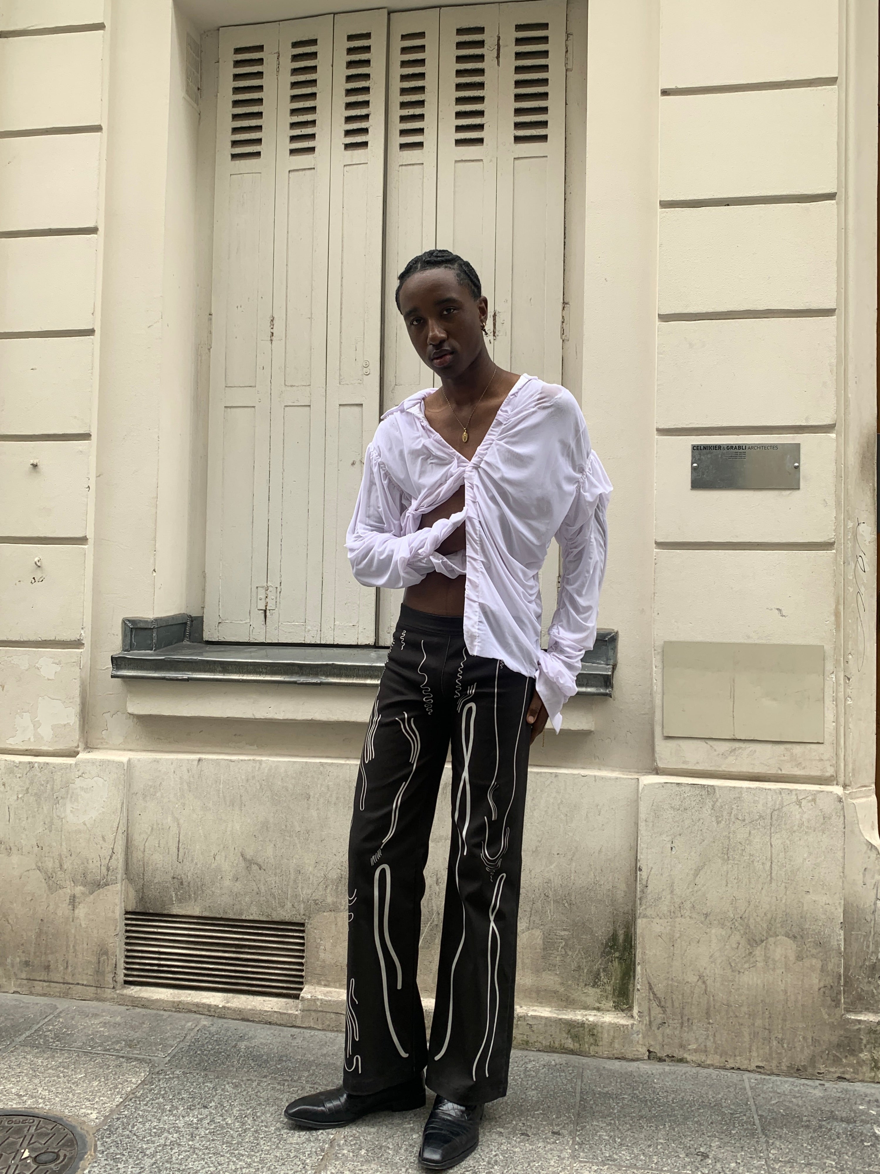 Venus shell print denim trousers