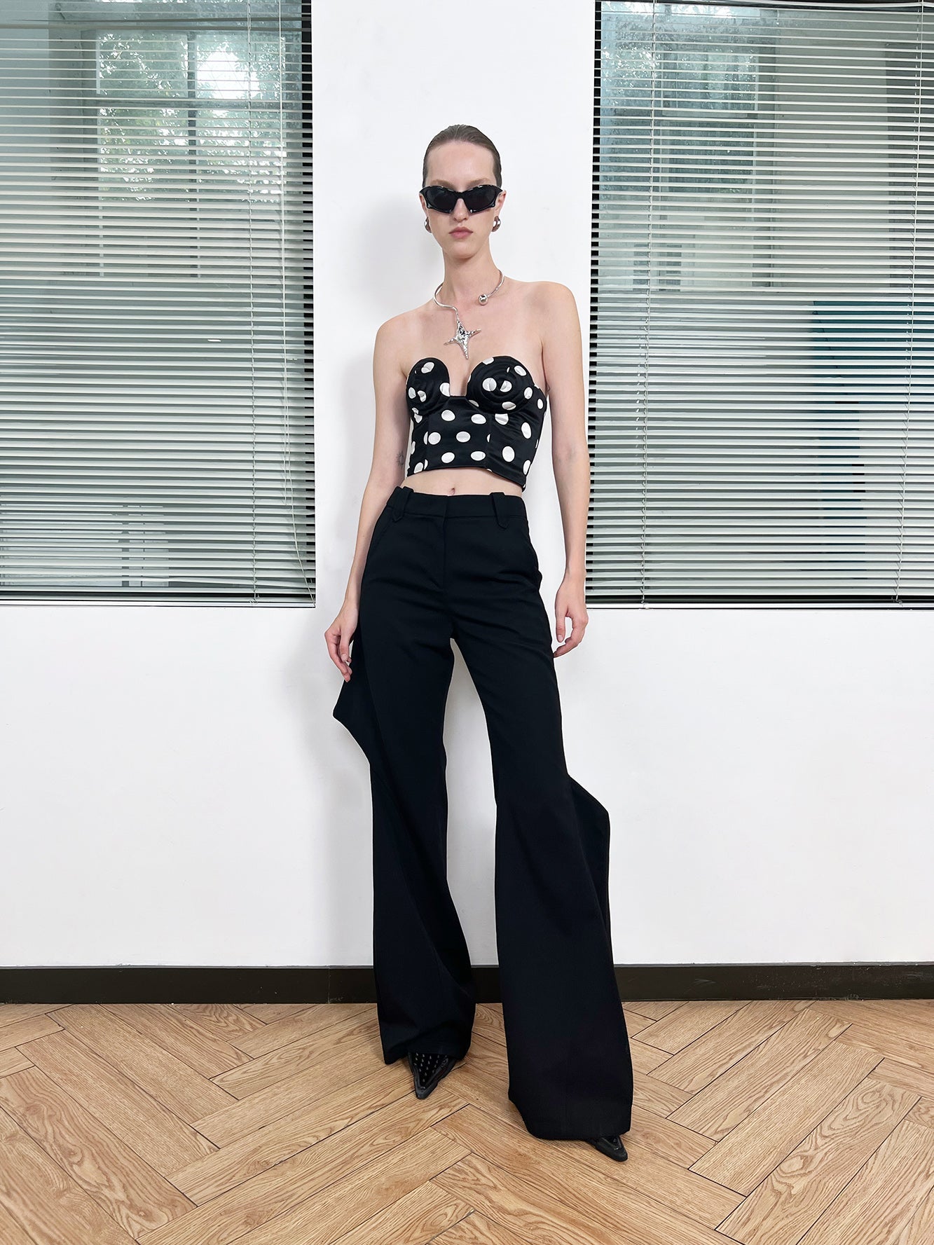 Twisted polka dot whirlpool shaped bra top