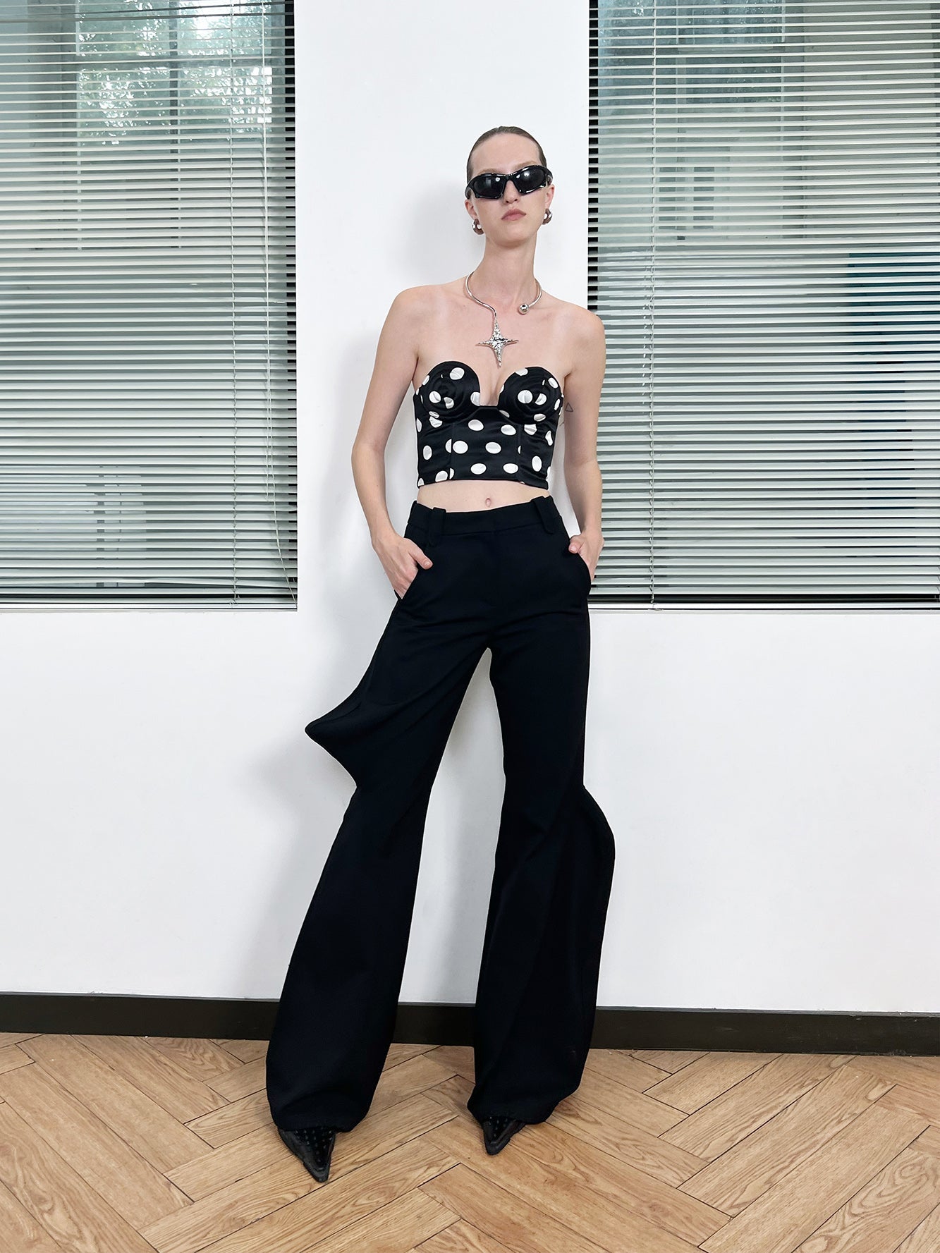 Twisted polka dot whirlpool shaped bra top