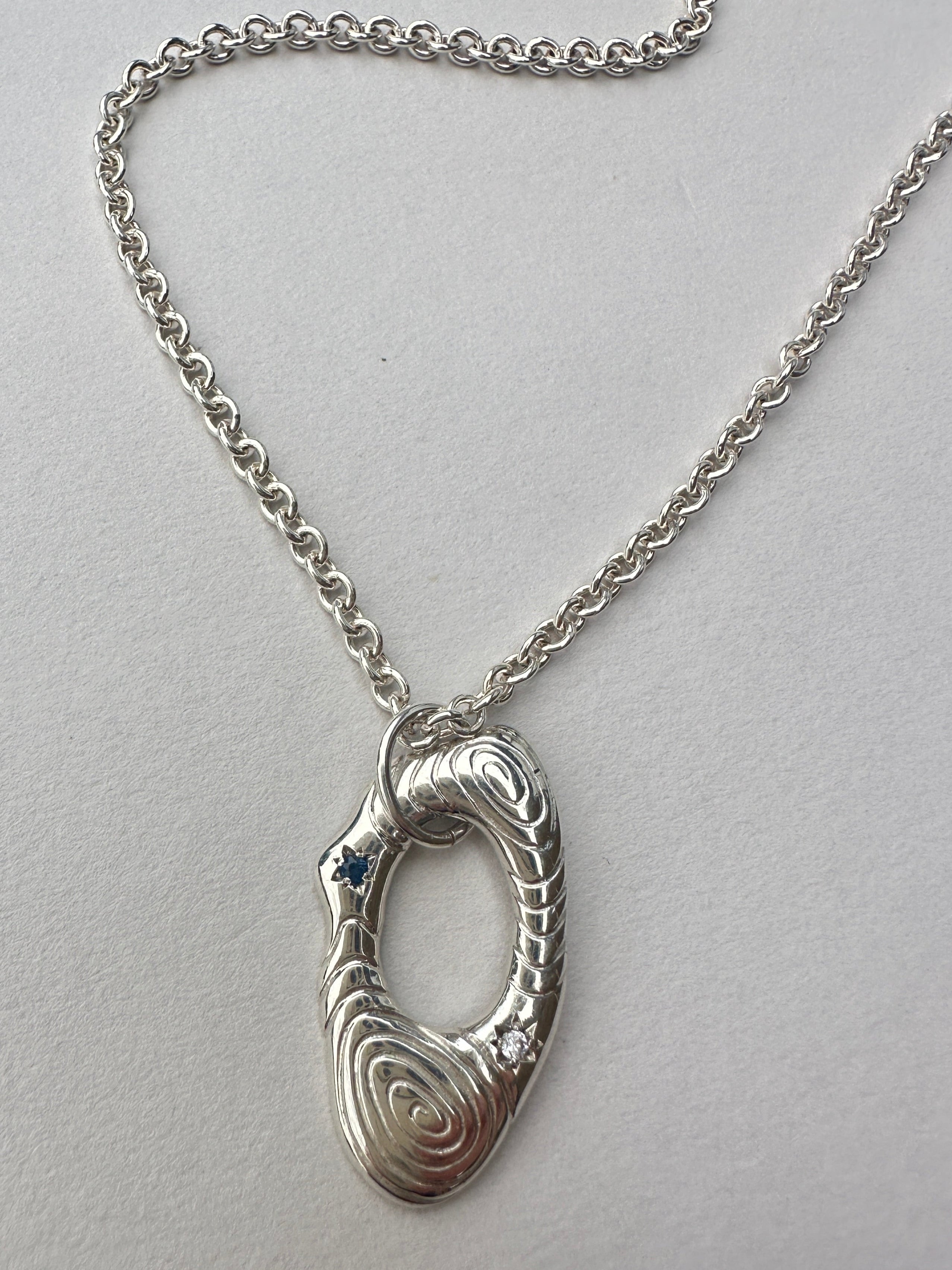 Silver river pendant necklace, sapphires (18")