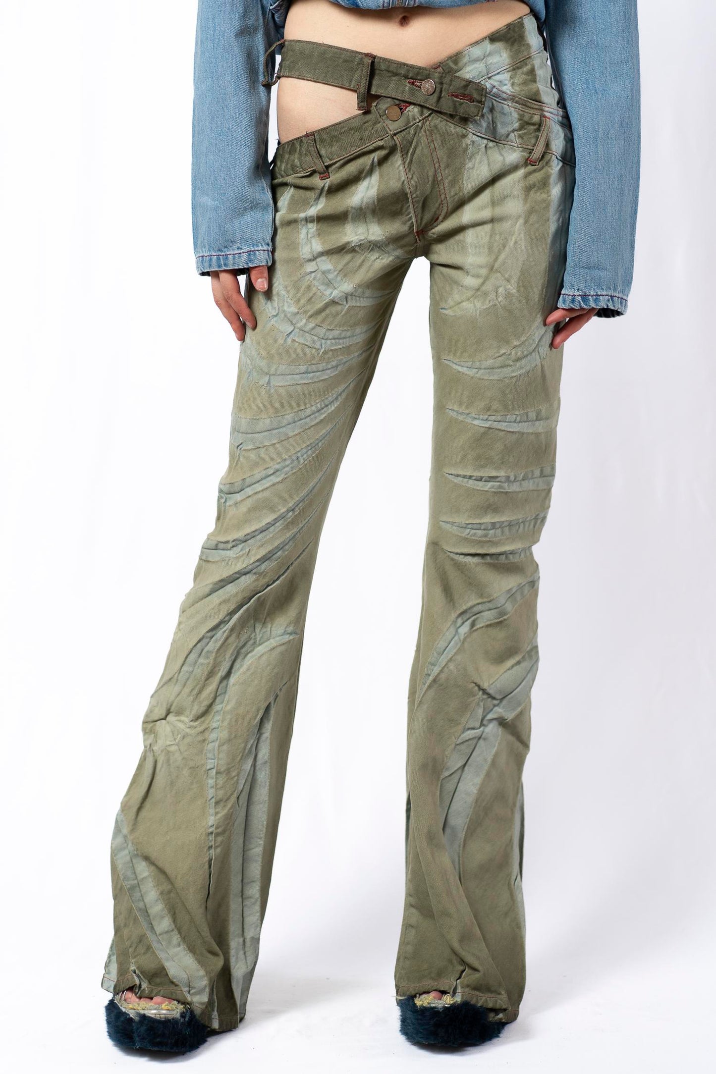 Khaki fade tribal bias cut jeans