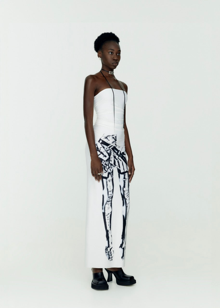 Twirl skirt print dress ecru