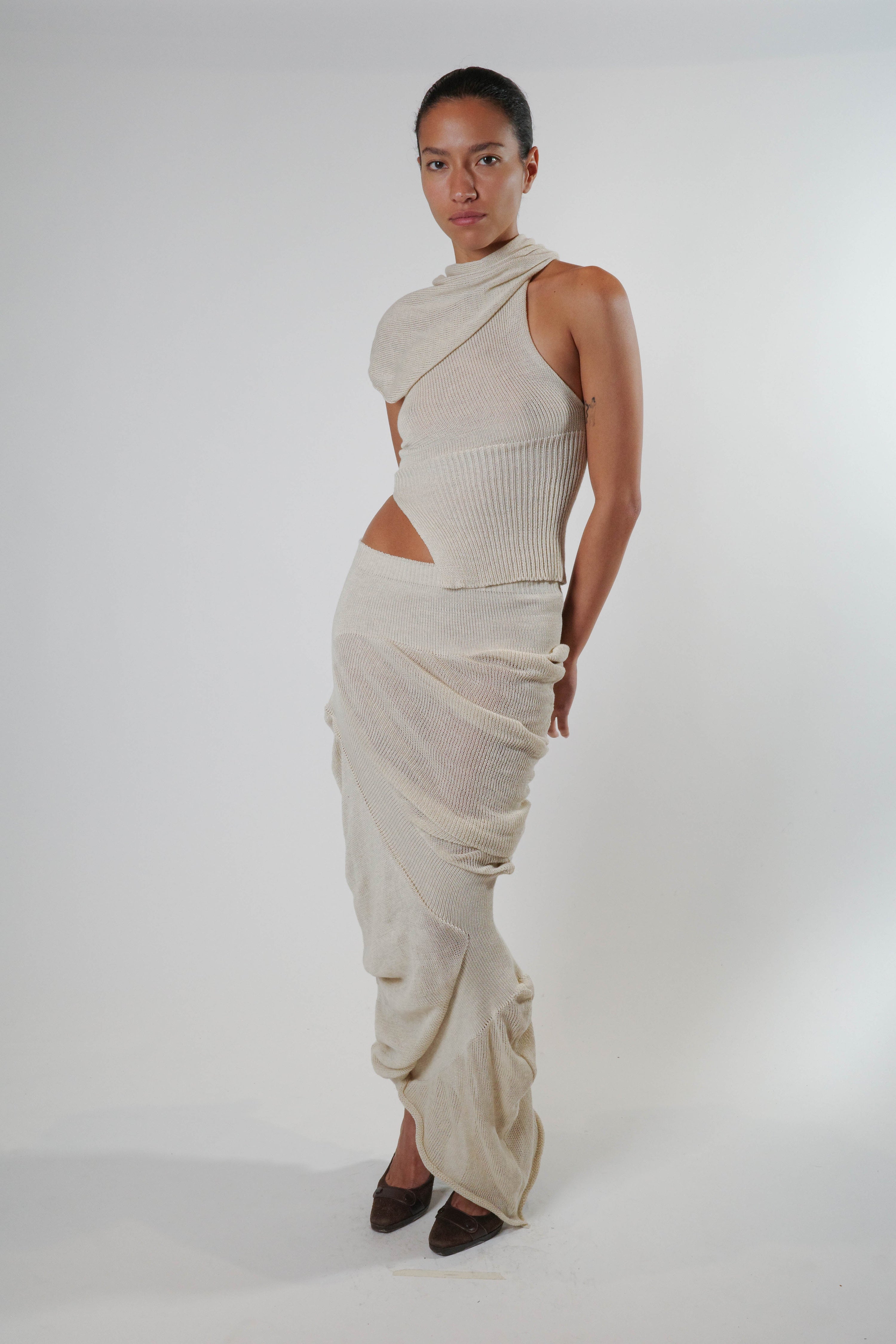 Neck drape top (beige)